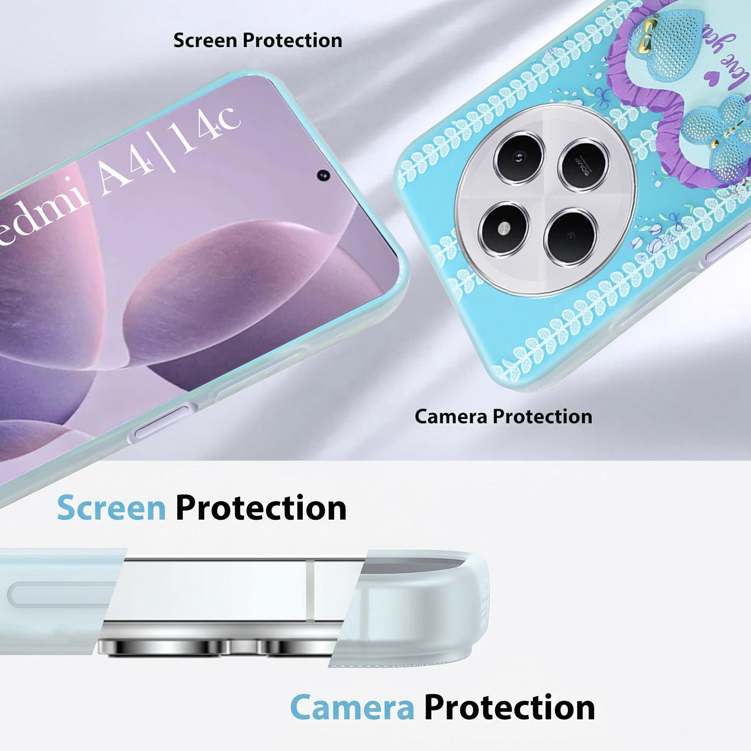 For Redmi A4 5G | Xiaomi Redmi 14C Back Cover Case (3D Cute Heart Strap Holder | Camera Protection | Designer Girls Print)