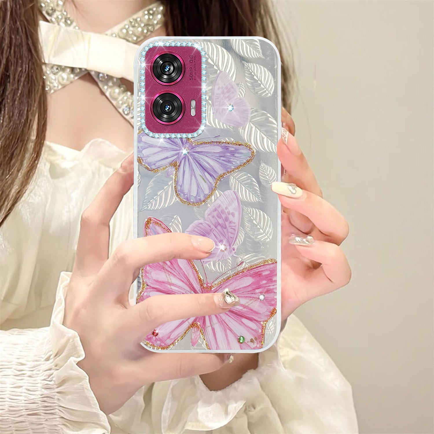 For Motorola Moto Edge 50 Fusion Back Cover Case (Luxury Floral Glitter Cute Butterfly | Diamond Studded Camera Bump | Girls & Women Design)
