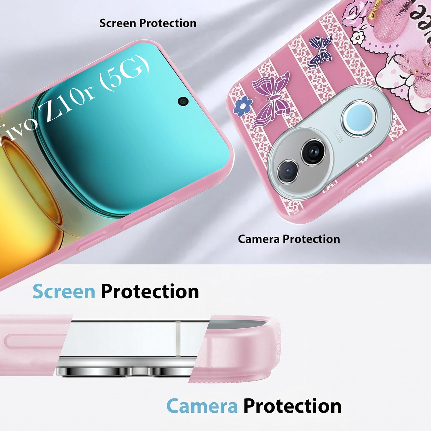 For Vivo iQOO Z10R Back Cover Case (3D Cute Heart Strap Holder | Camera Protection | Designer Girls Print)