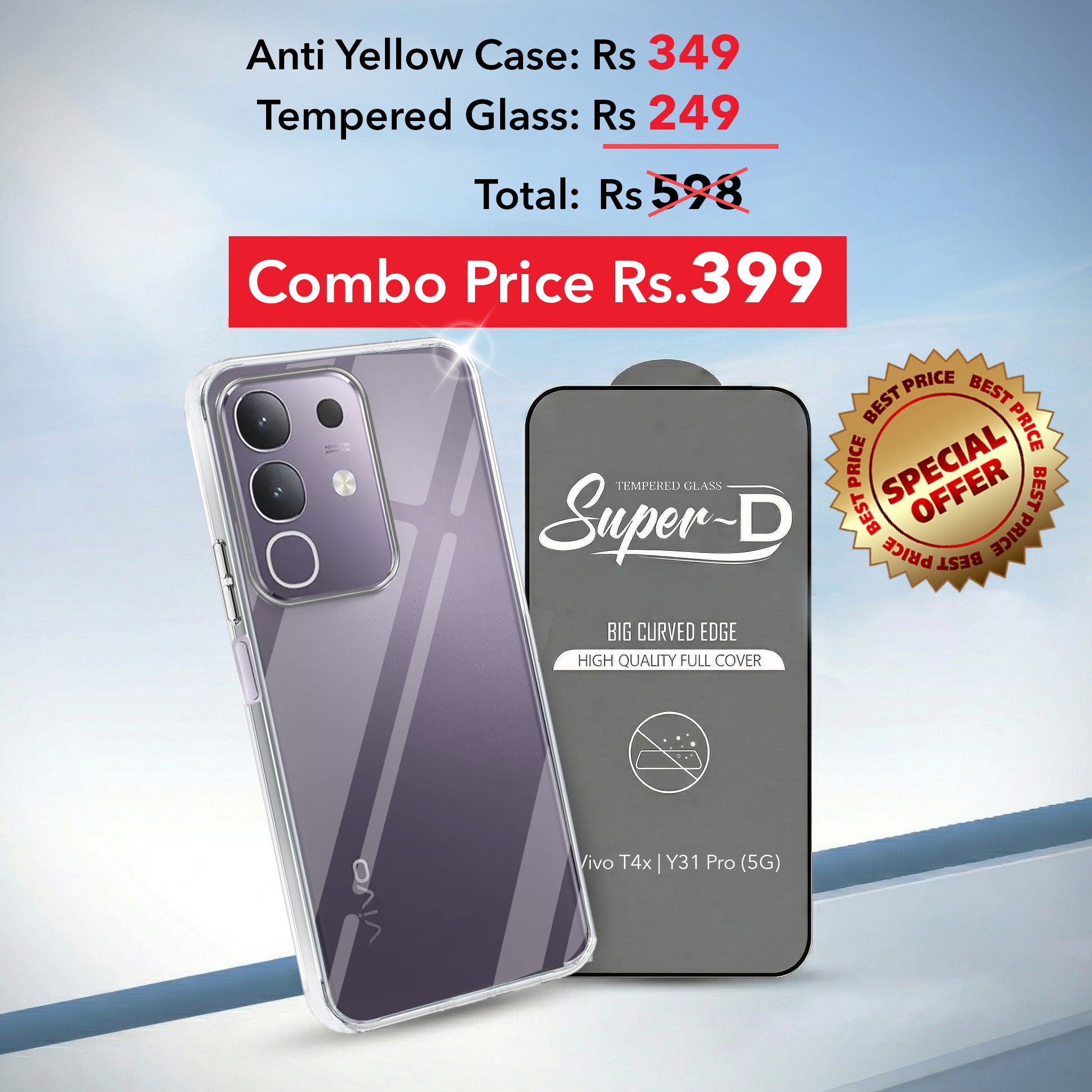 For  Vivo T4x | Vivo Y31 Pro Combo with Back Cover and 9H Tempered Glass (Lifetime Anti-Yellow | Sleek Hard Crystal | Oleophobic Coating Screen Glass)