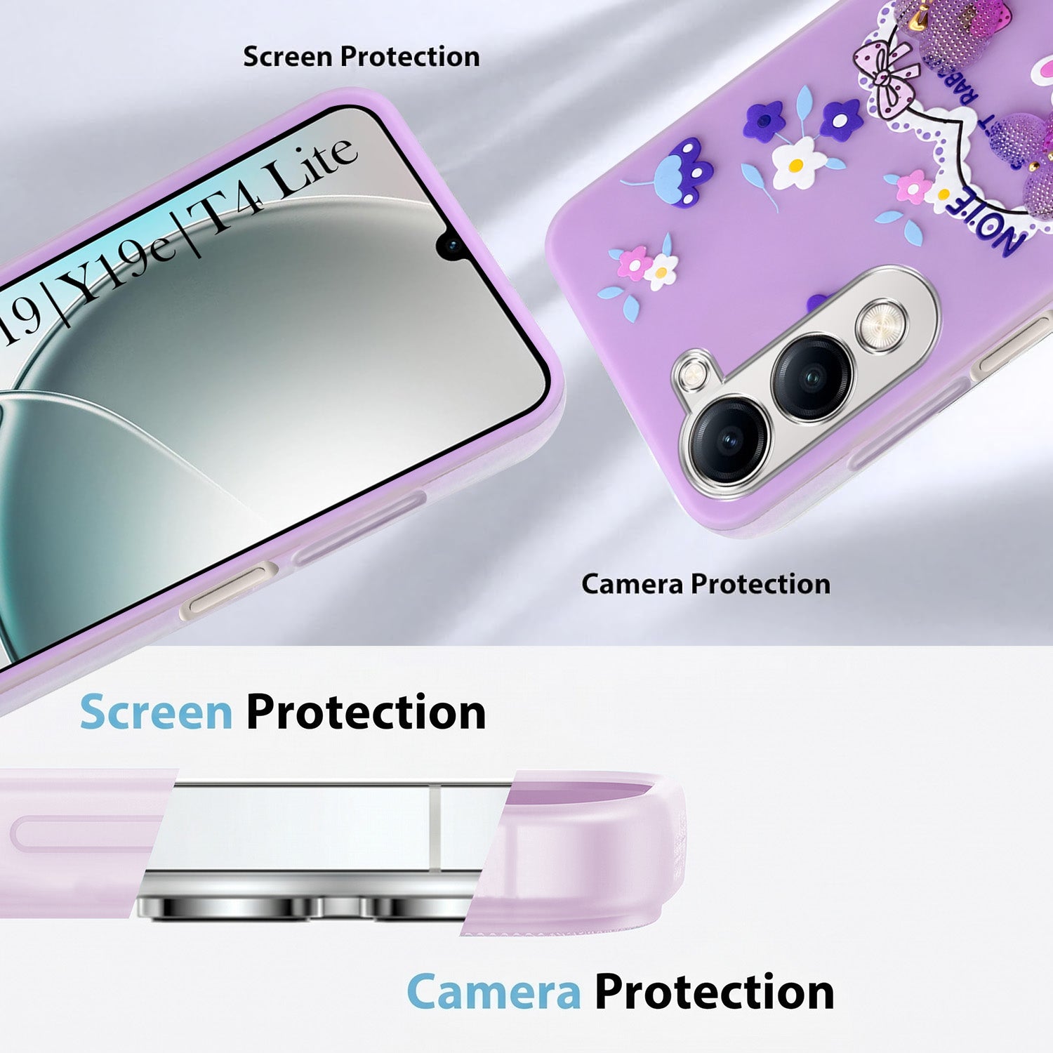 For Vivo Y19 | Vivo Y19e | Vivo T4 Lite Back Cover Case (3D Cute Heart Strap Holder | Camera Protection | Designer Girls Print)