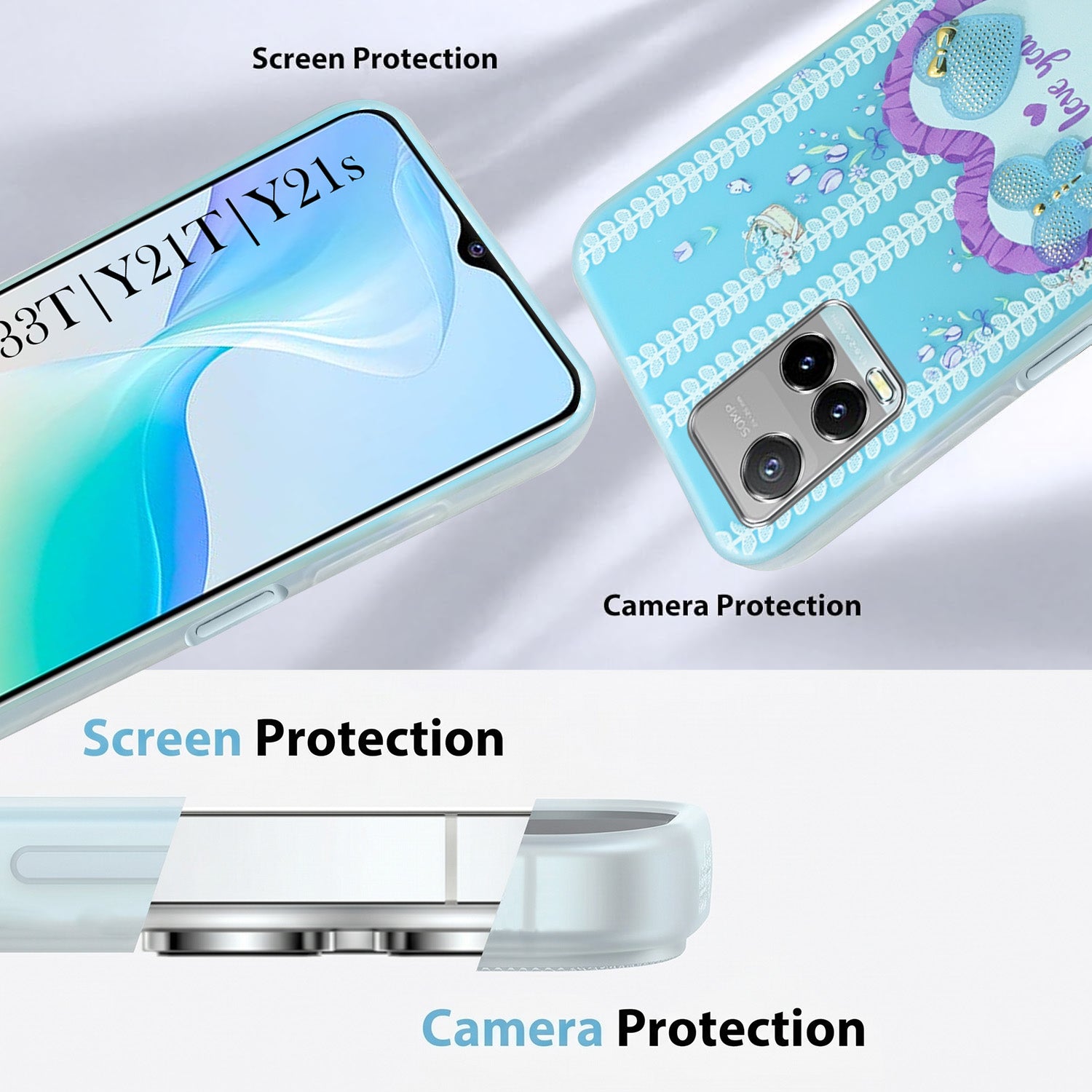 For Vivo Y33T | Vivo Y21T | Vivo Y21s Back Cover Case (3D Cute Heart Strap Holder | Camera Protection | Designer Girls Print)