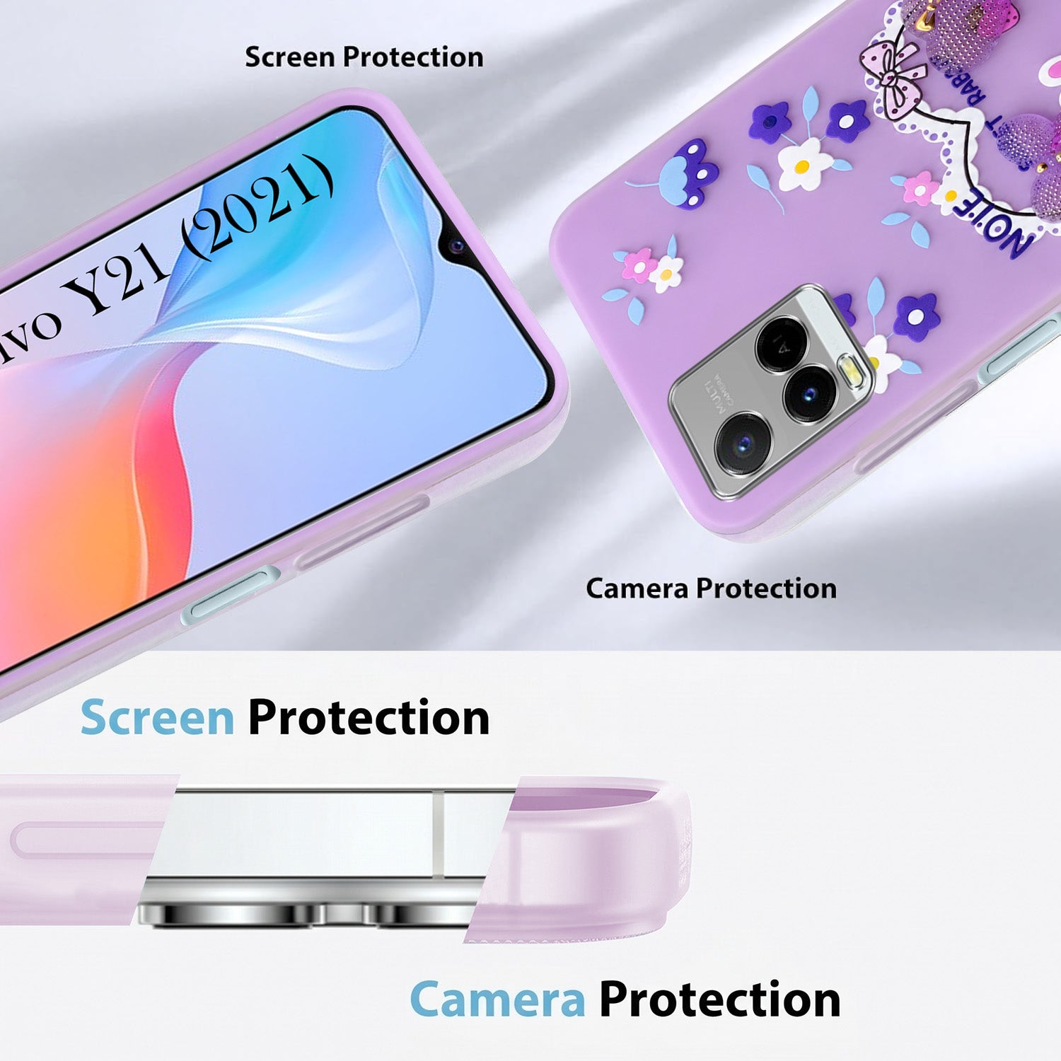 For Vivo Y21 (2021) Back Cover Case (3D Cute Heart Strap Holder | Camera Protection | Designer Girls Print)