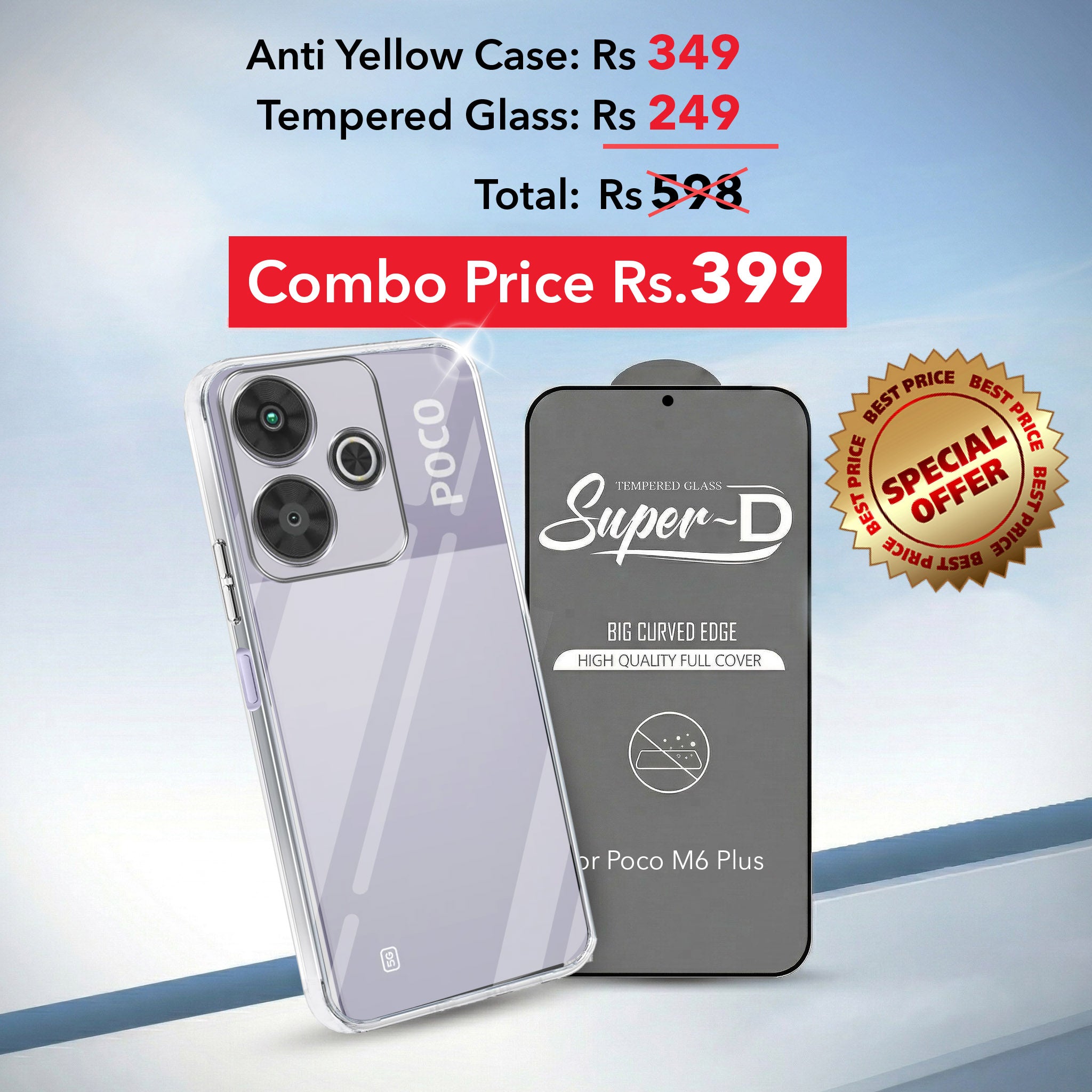For Poco M6 Plus 5G Combo with Back Cover and 9H Tempered Glass (Lifetime Anti-Yellow | Sleek Hard Crystal | Oleophobic Coating Screen Glass)