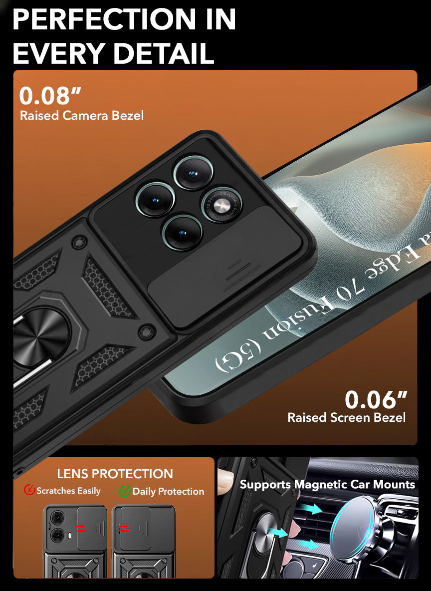 For Motorola Moto Edge 70 Fusion Back Cover Case Hybrid Armor (Sliding Shutter Camera Protection | Polycarbonate |Ring Holder Kickstand)
