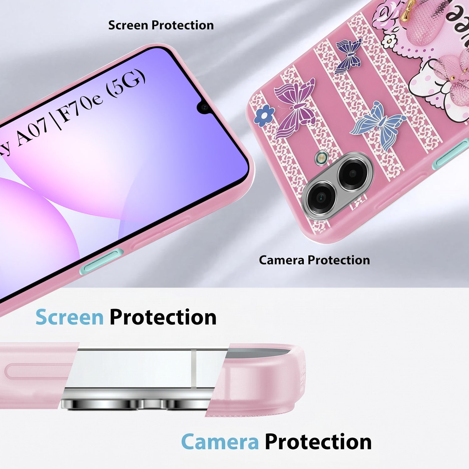 For Samsung Galaxy A07 5G | F70e 5G Back Cover Case (3D Cute Heart Strap Holder | Camera Protection | Designer Girls Print)