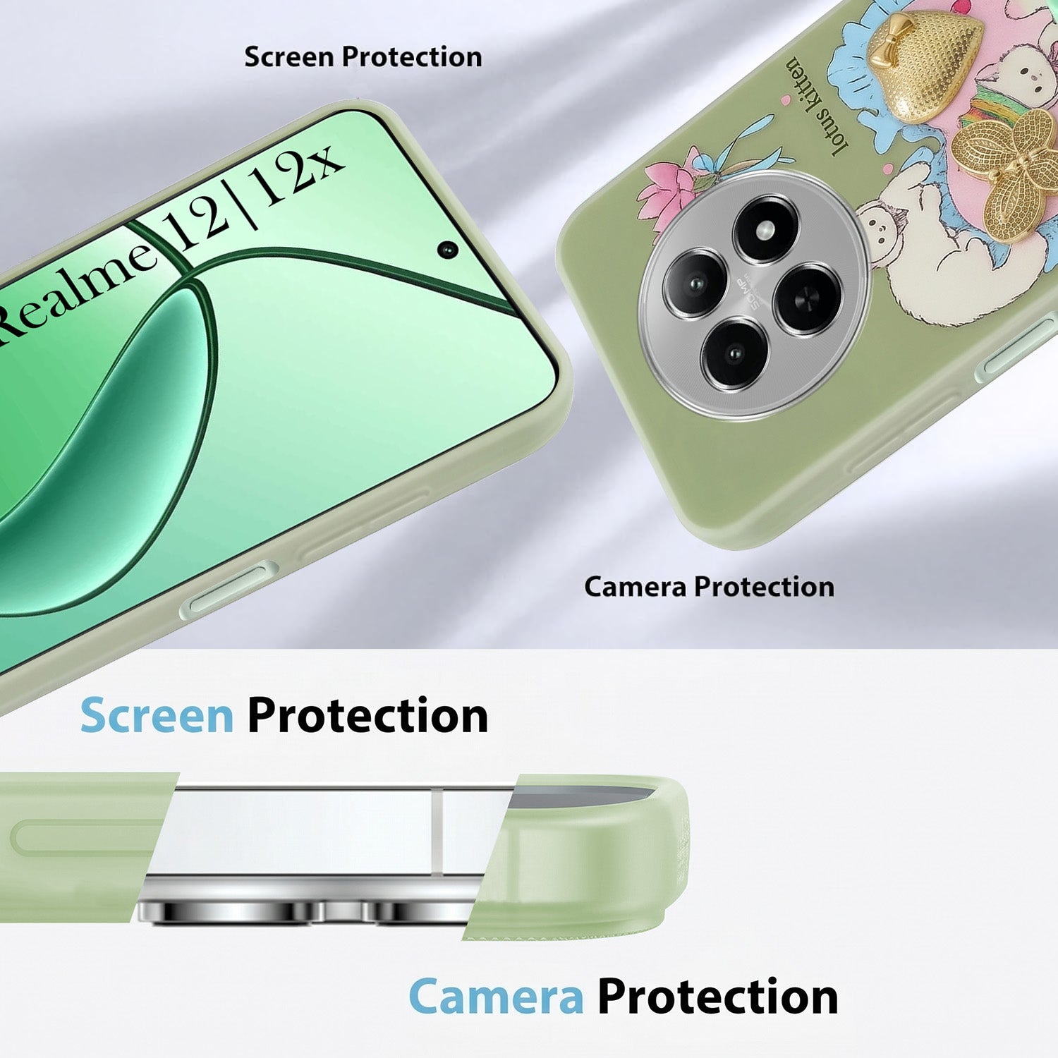 For Realme 12 | Realme 12X Back Cover Case (3D Cute Heart Strap Holder | Camera Protection | Designer Girls Print)