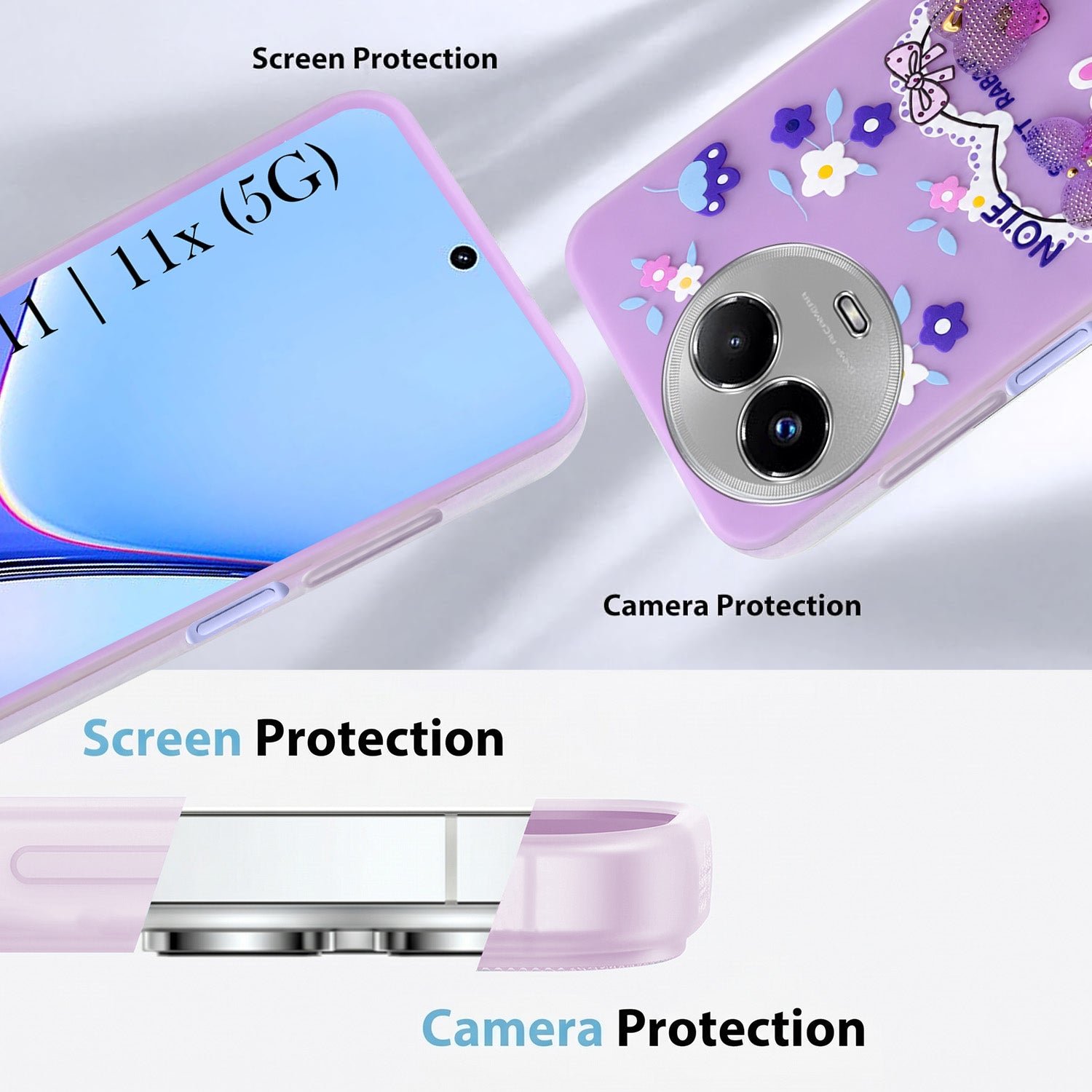 For Realme 11 5G | Realme 11x 5G Back Cover Case (3D Cute Heart Strap Holder | Camera Protection | Designer Girls Print)