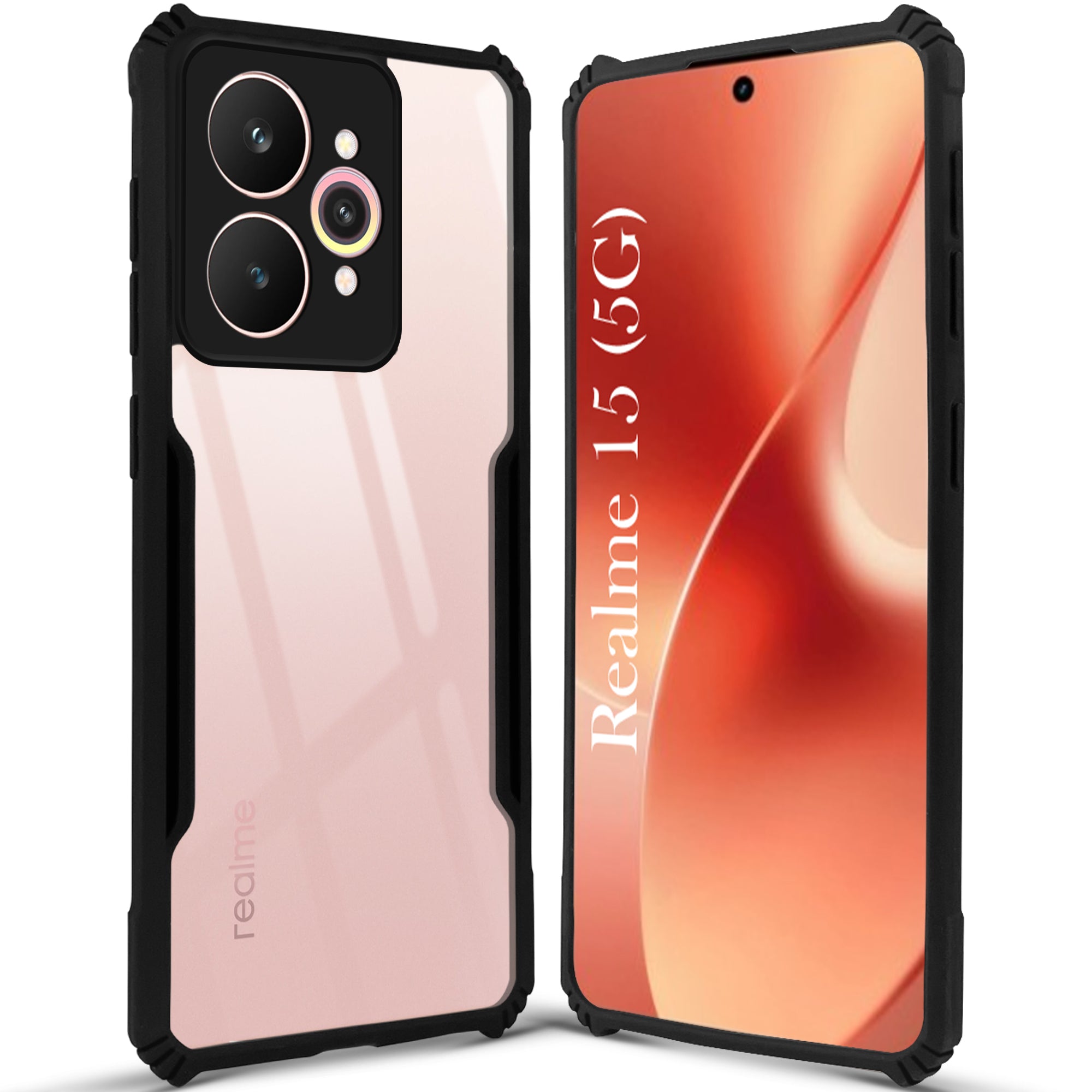 For Realme 15 Back Cover Case Hybrid (Shockproof with Polycarbonate Clear Panel | Professional Black)