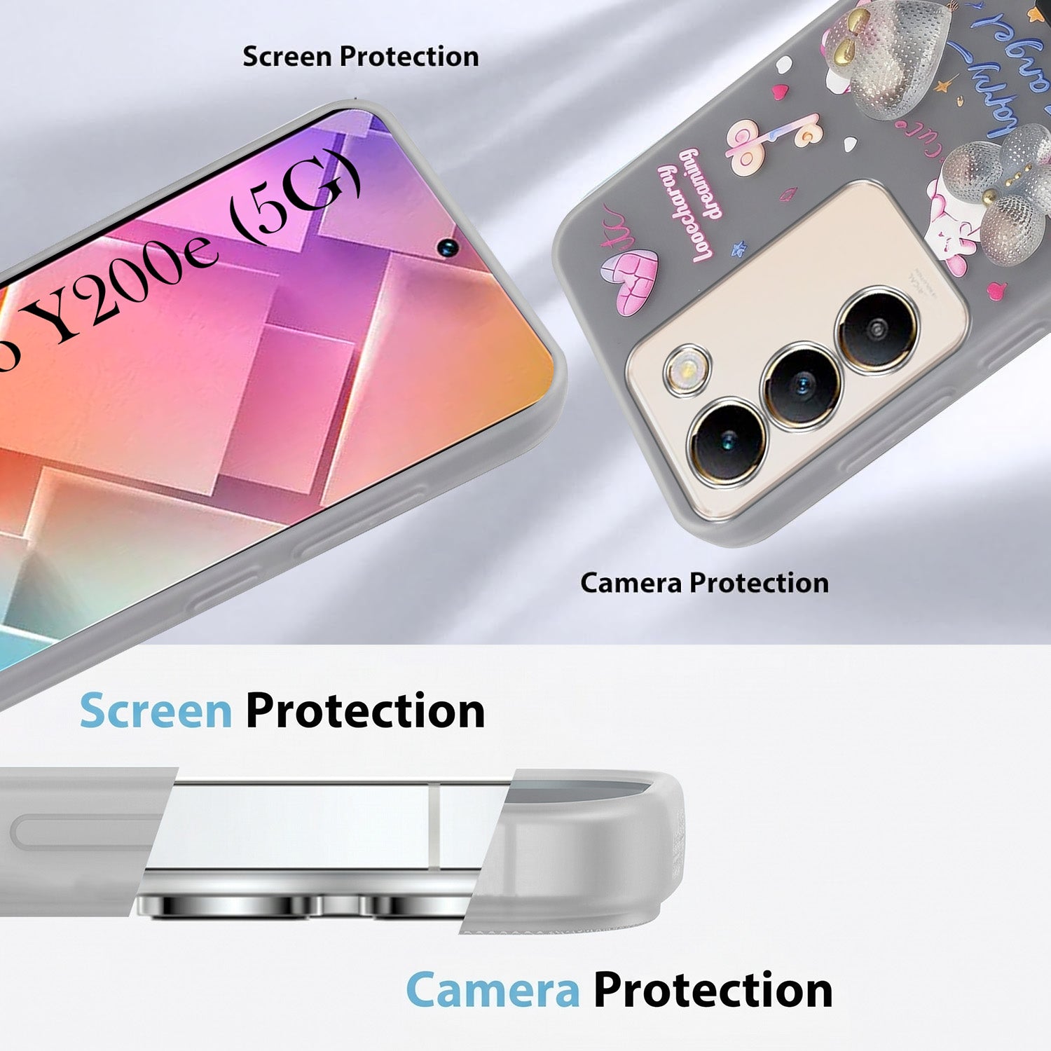 For Vivo Y200e Back Cover Case (3D Cute Heart Strap Holder | Camera Protection | Designer Girls Print)