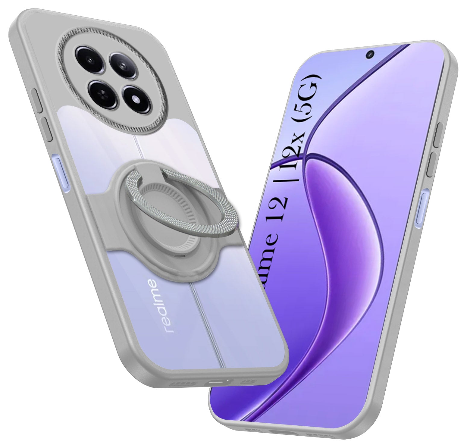 For Realme 12 | Realme 12X Back Cover Case with stand (Built-in Ring Holder Kickstand | Lifetime Anti Yellow | Camera Protection)