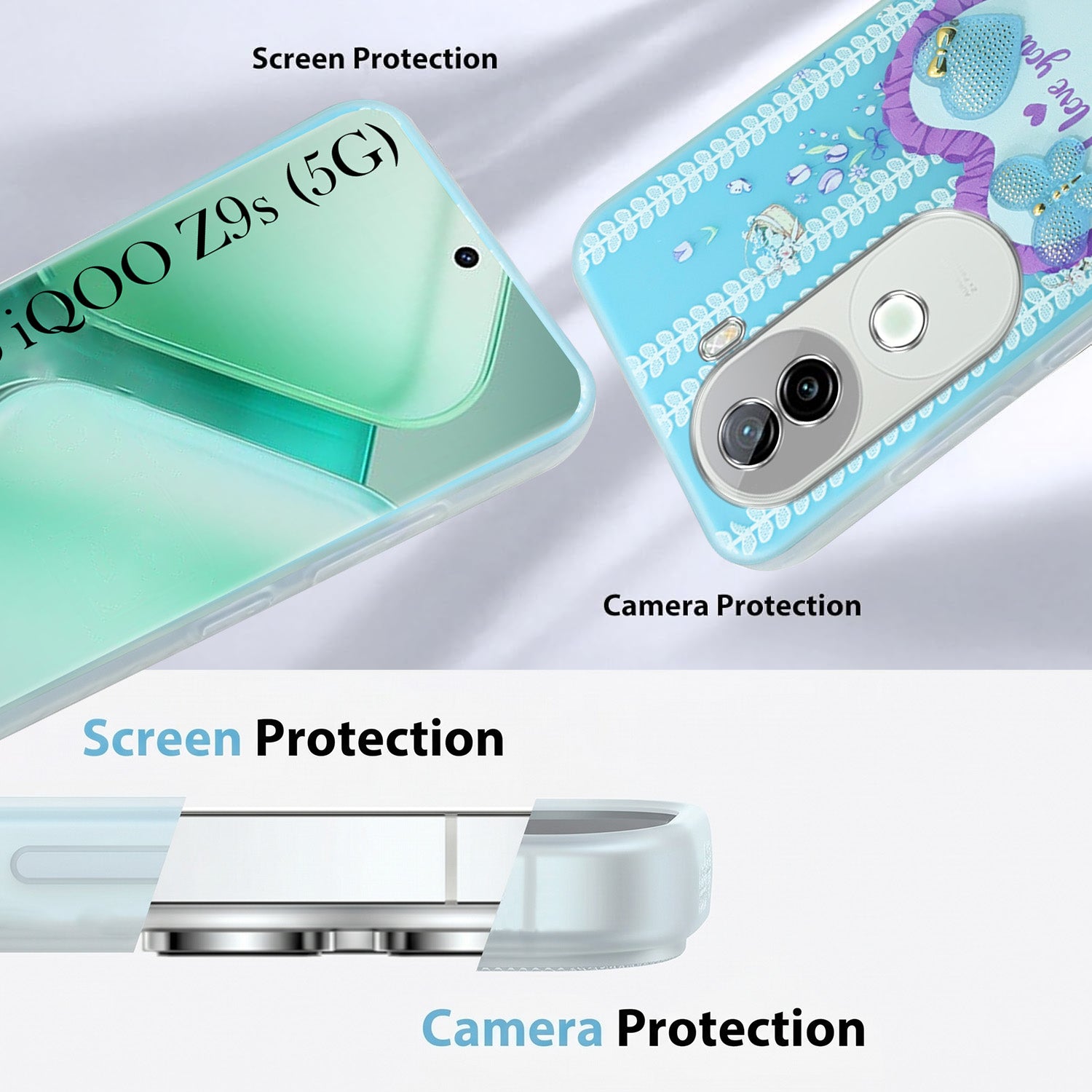 For Vivo iQOO Z9s Back Cover Case (3D Cute Heart Strap Holder | Camera Protection | Designer Girls Print)