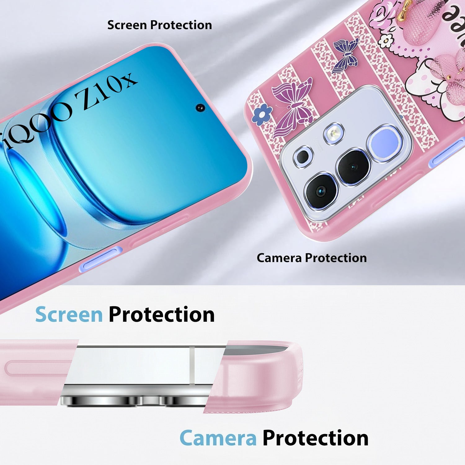 For Vivo iQOO Z10x Back Cover Case (3D Cute Heart Strap Holder | Camera Protection | Designer Girls Print)