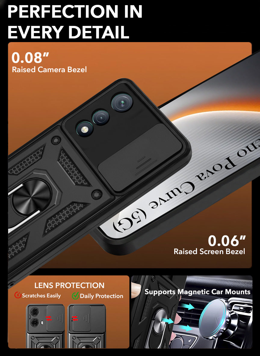 For Tecno Pova Curve Back Cover Case  Hybrid Armor (Sliding Shutter Camera Protection | Polycarbonate |Ring Holder Kickstand)