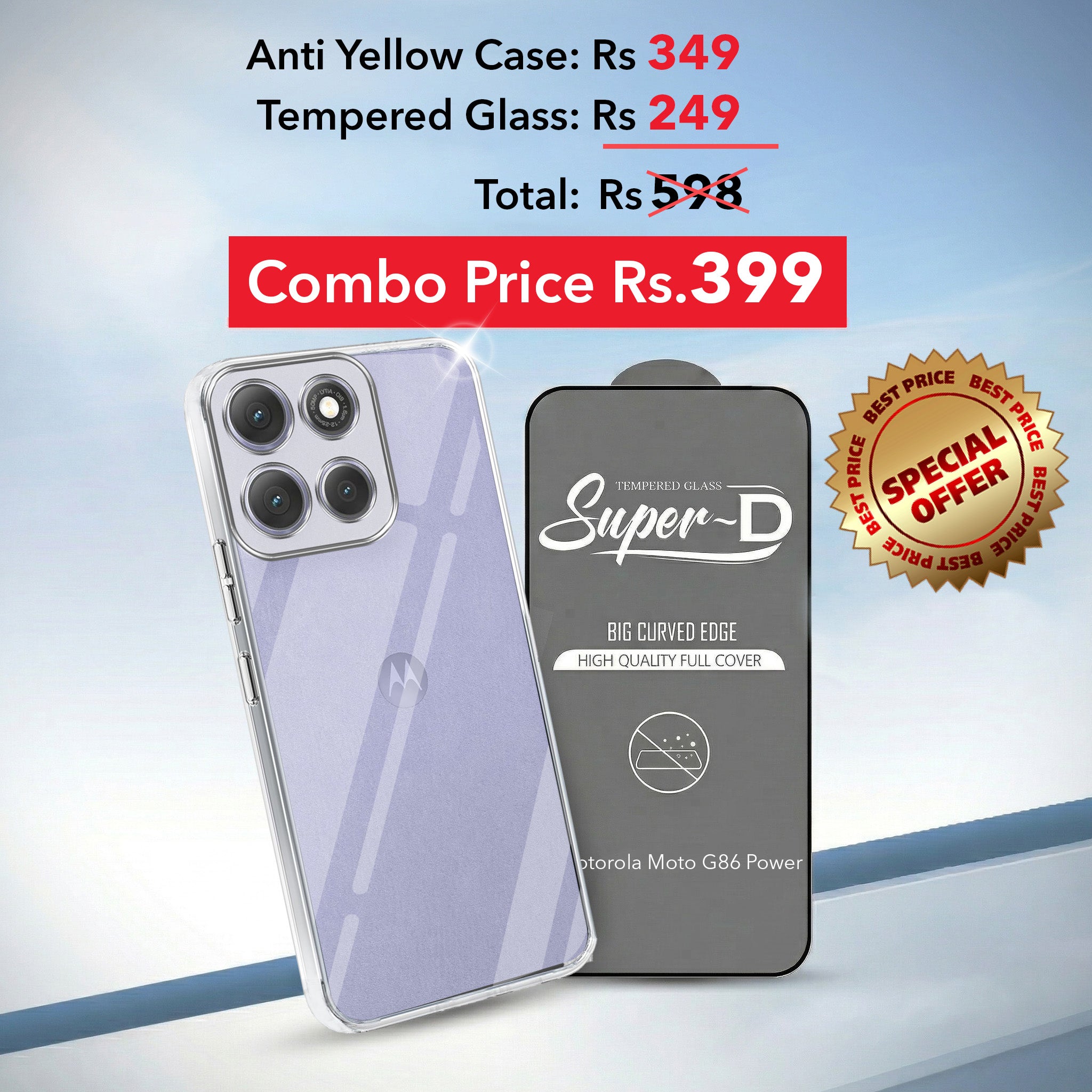 For Motorola Moto G86 Power Combo with Back Cover and 9H Tempered Glass (Lifetime Anti-Yellow | Sleek Hard Crystal | Oleophobic Coating Screen Glass)