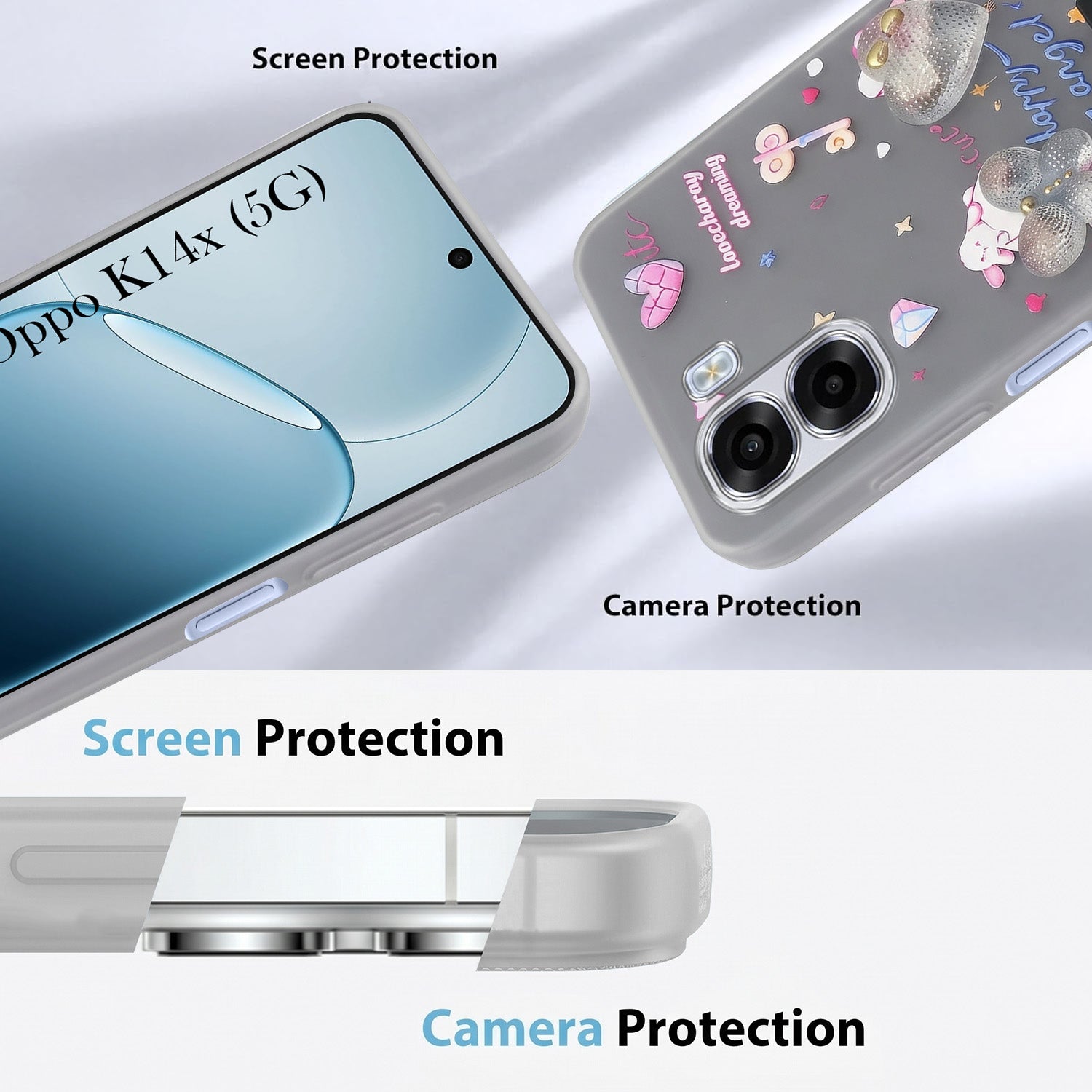 For Oppo K14x 5G Back Cover Case (3D Cute Heart Strap Holder | Camera Protection | Designer Girls Print)