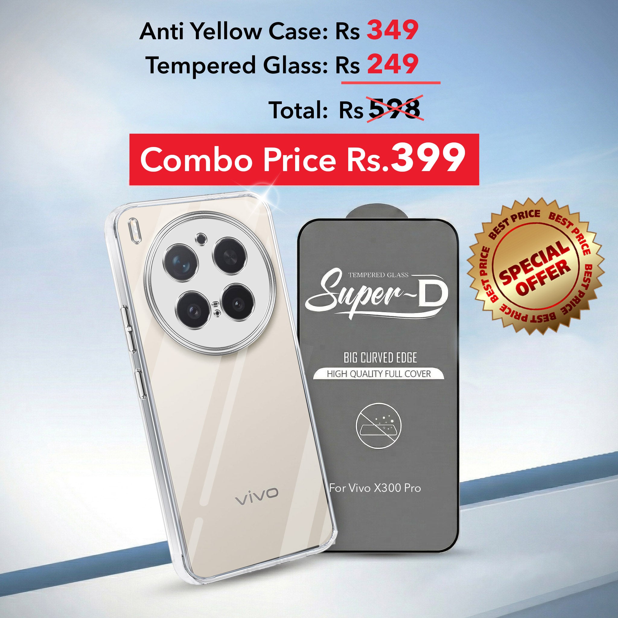 For Vivo X300 Pro Combo with Back Cover and 9H Tempered Glass (Lifetime Anti-Yellow | Sleek Hard Crystal | Oleophobic Coating Screen Glass)
