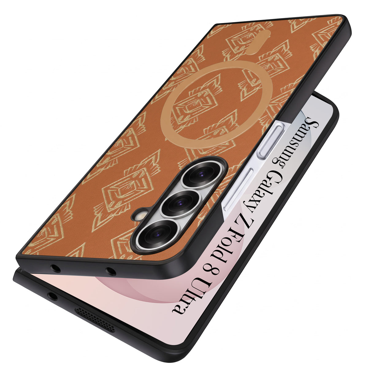 For Samsung Galaxy Z Fold 8 Ultra Back Cover Case Premium Magnetic (MagSafe Compatible | 180° Folding Design | Geometric Gold Pattern | Soft Microfiber Inner Lining)