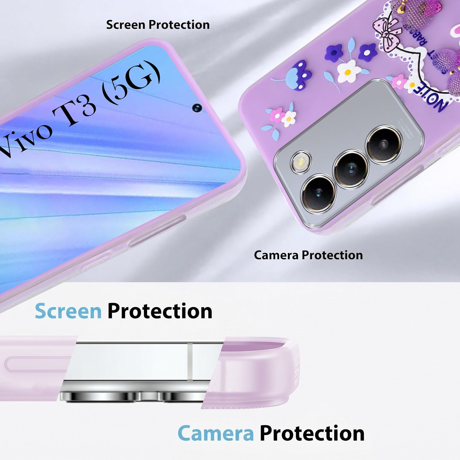 For Vivo T3 5G Back Cover Case (3D Cute Heart Strap Holder | Camera Protection | Designer Girls Print)