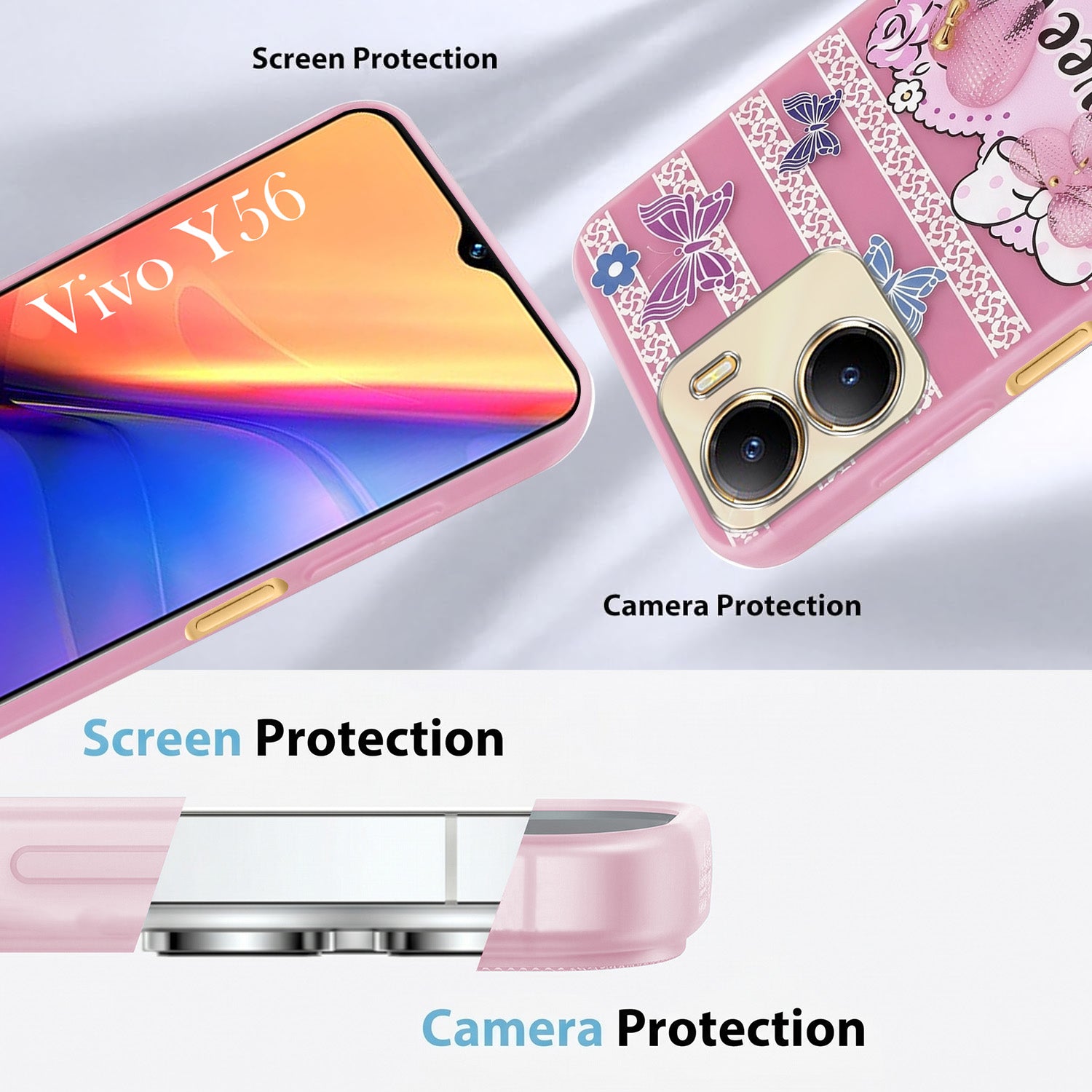 For Vivo Y56 5G Back Cover Case (3D Cute Heart Strap Holder | Camera Protection | Designer Girls Print)
