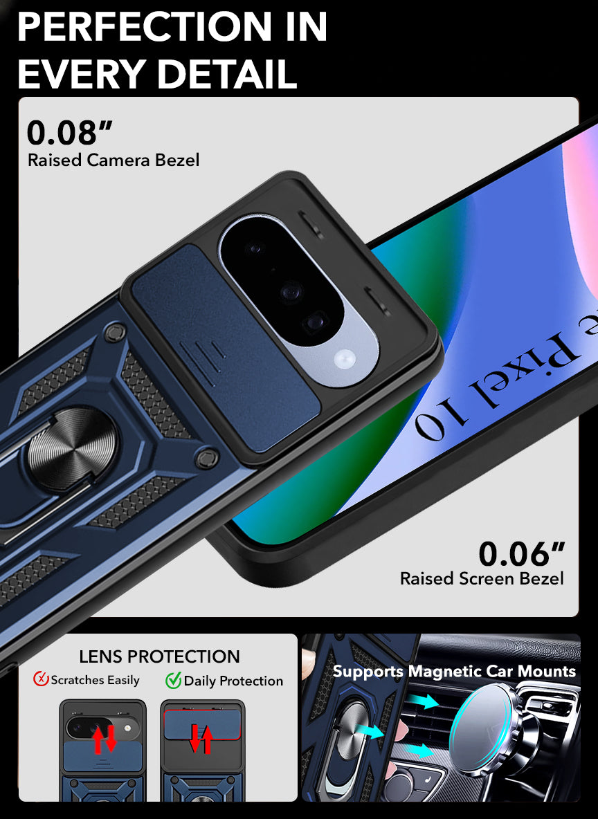 For Google Pixel 10 Back Cover Case (Sliding Shutter Camera Protection | Polycarbonate |Ring Holder Kickstand)