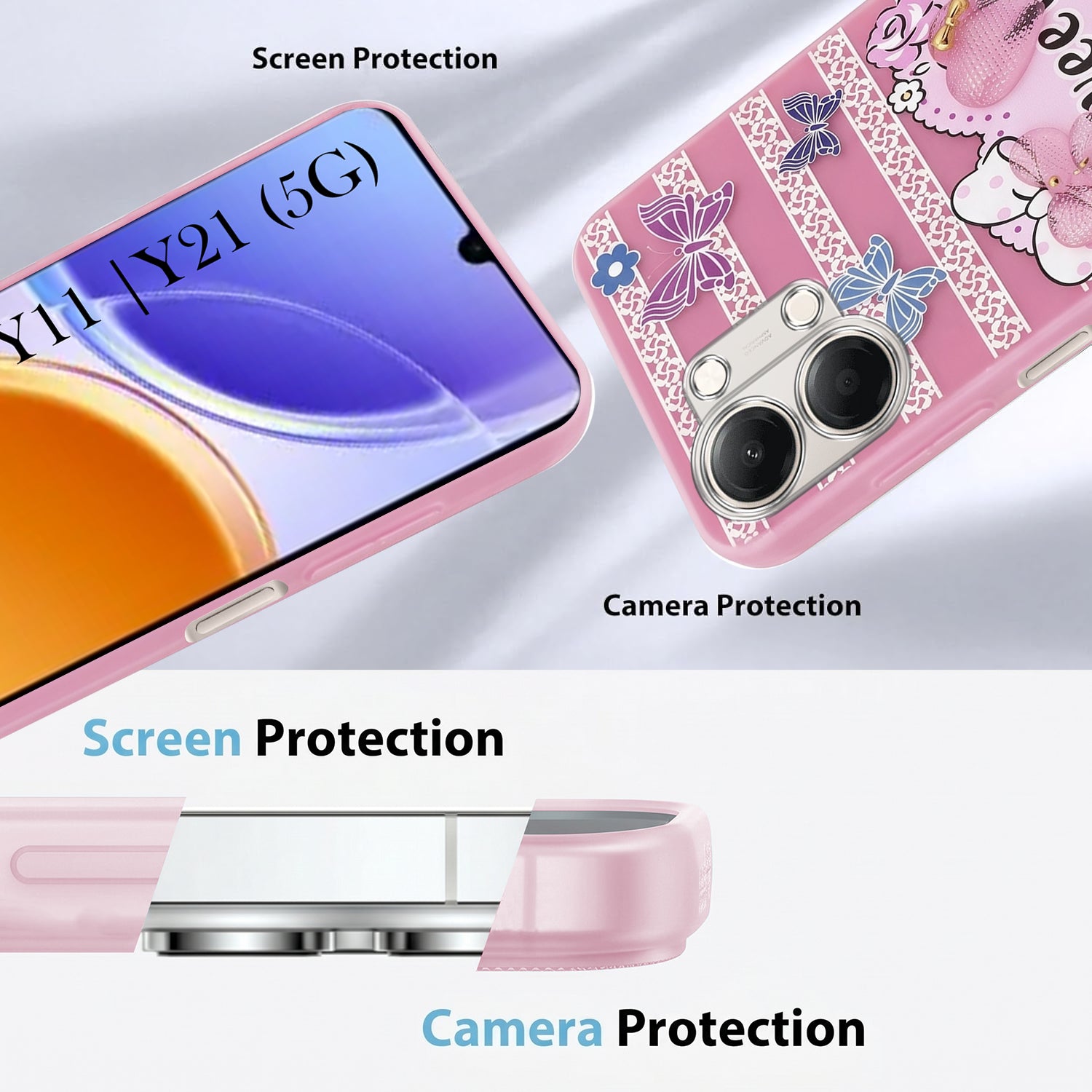For Vivo Y11 | Vivo Y21 5G Back Cover Case (3D Cute Heart Strap Holder | Camera Protection | Designer Girls Print)