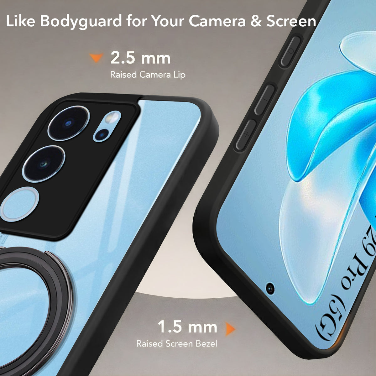 For Vivo V29 | Vivo V29 Pro 5G Back Cover Case (Kick Stand Ring Holder | Life time Anti Yellow | Camera Protection)