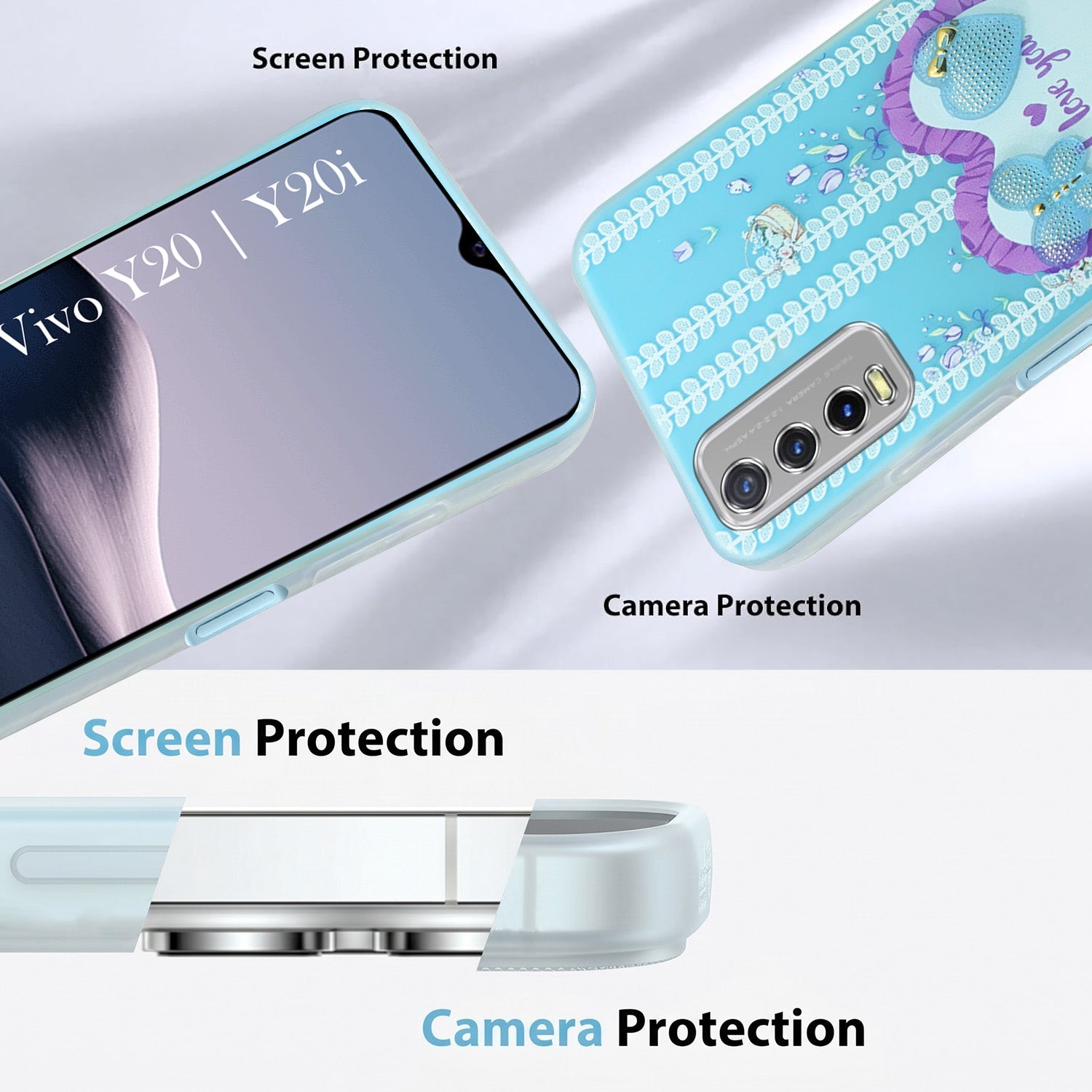 For Vivo Y20 | Y20i  Back Cover Case (3D Cute Heart Strap Holder | Camera Protection | Designer Girls Print)