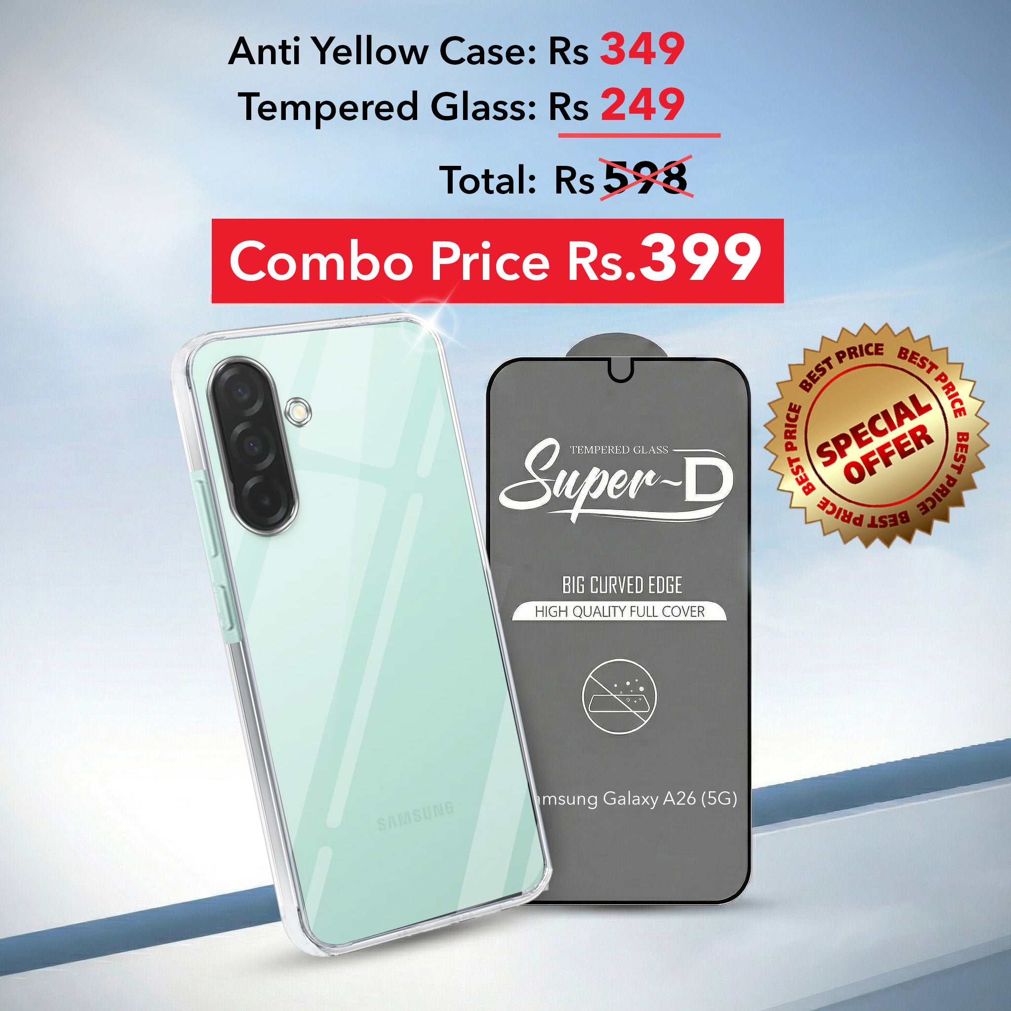For Samsung Galaxy A26 5G Combo with Back Cover and 9H Tempered Glass ( Lifetime Anti-Yellow | Sleek Hard Crystal | Oleophobic Coating Screen Glass)
