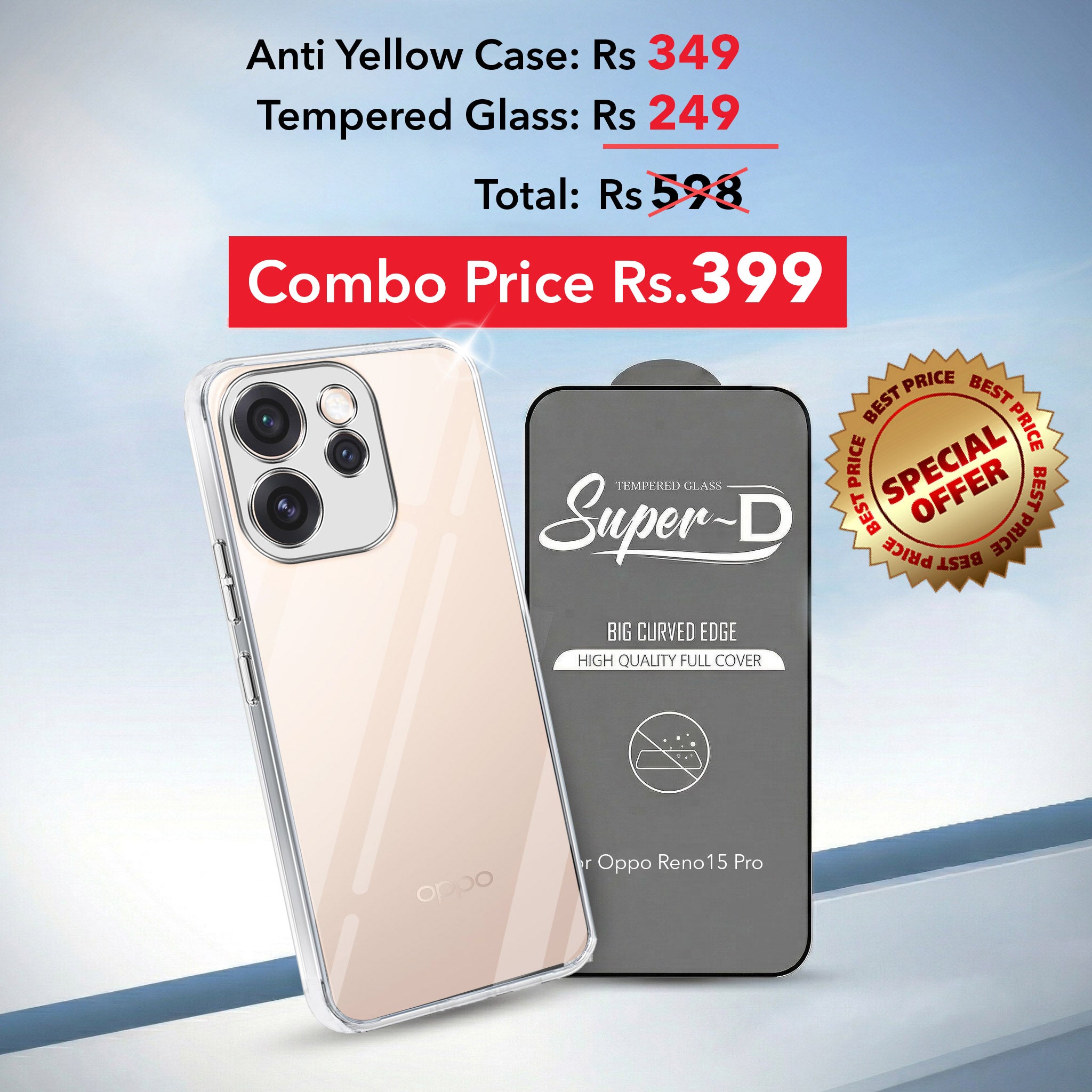 For Oppo Reno15 Pro 5G | Oppo Reno 15 Pro 5G Combo with Back Cover and 9H Tempered Glass (Lifetime Anti-Yellow | Sleek Hard Crystal | Oleophobic Coating Screen Glass)