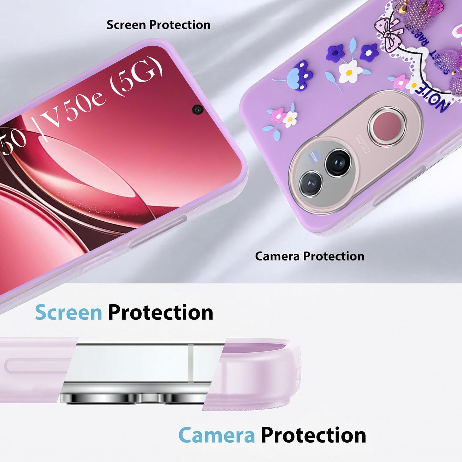 For Vivo V50 | Vivo V50e Back Cover Case (3D Cute Heart Strap Holder | Camera Protection | Designer Girls Print)