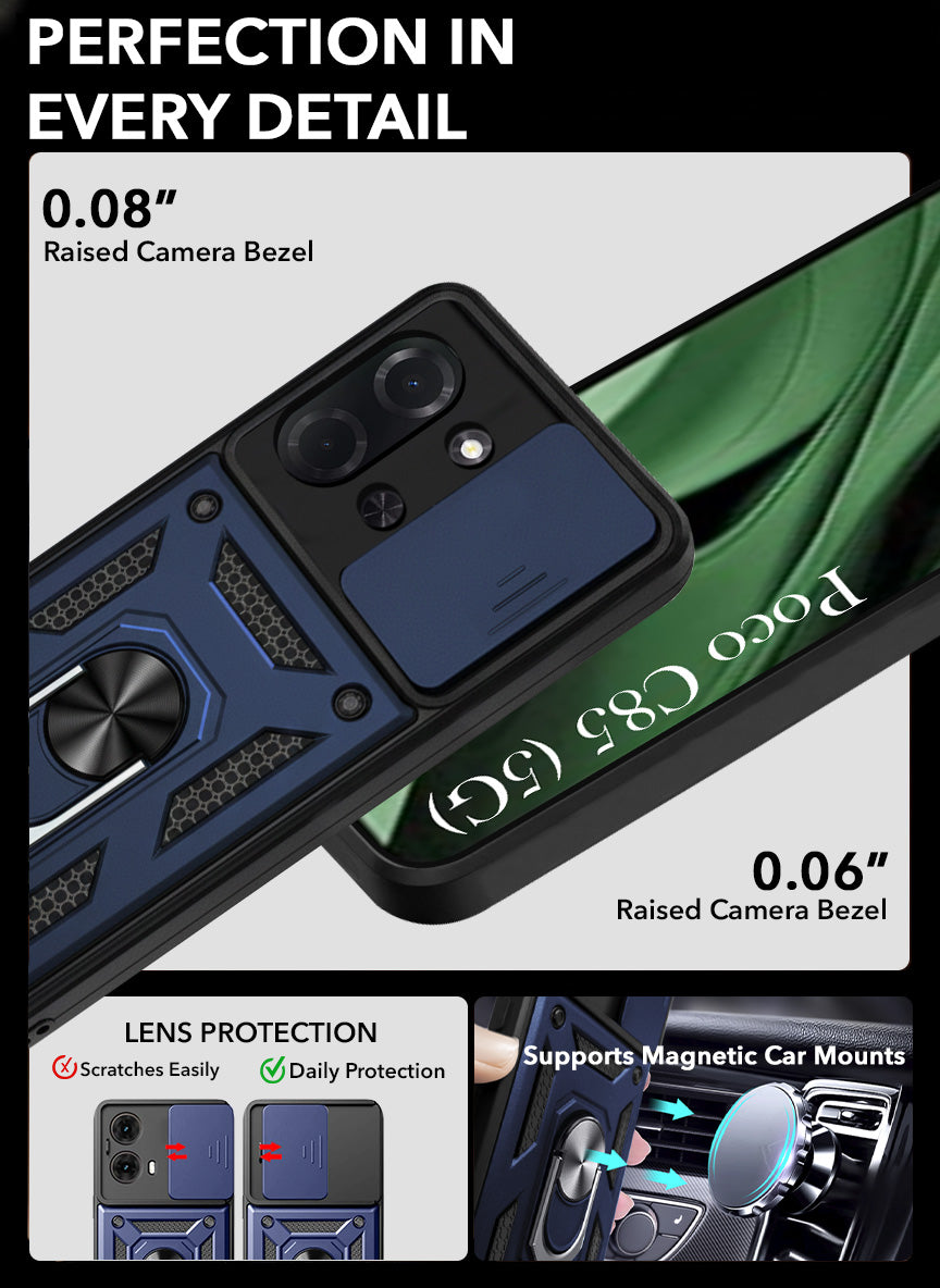 For Poco C85 5G Back Cover Case Hybrid Armor (Sliding Shutter Camera Protection | Polycarbonate |Ring Holder Kickstand)