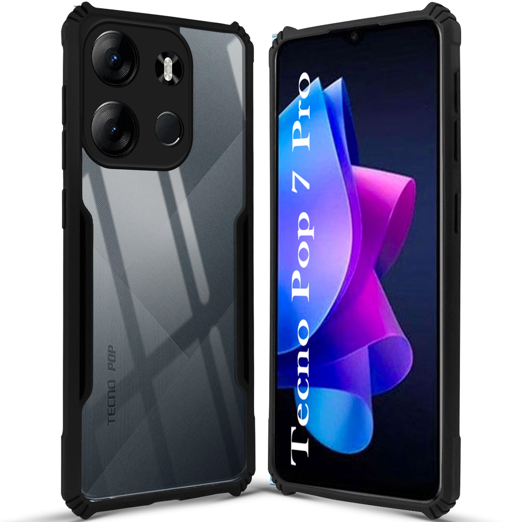 For Tecno Pop 7 Pro Back Cover Case ( Shockproof with Polycarbonate Clear Panel | Professional Black)