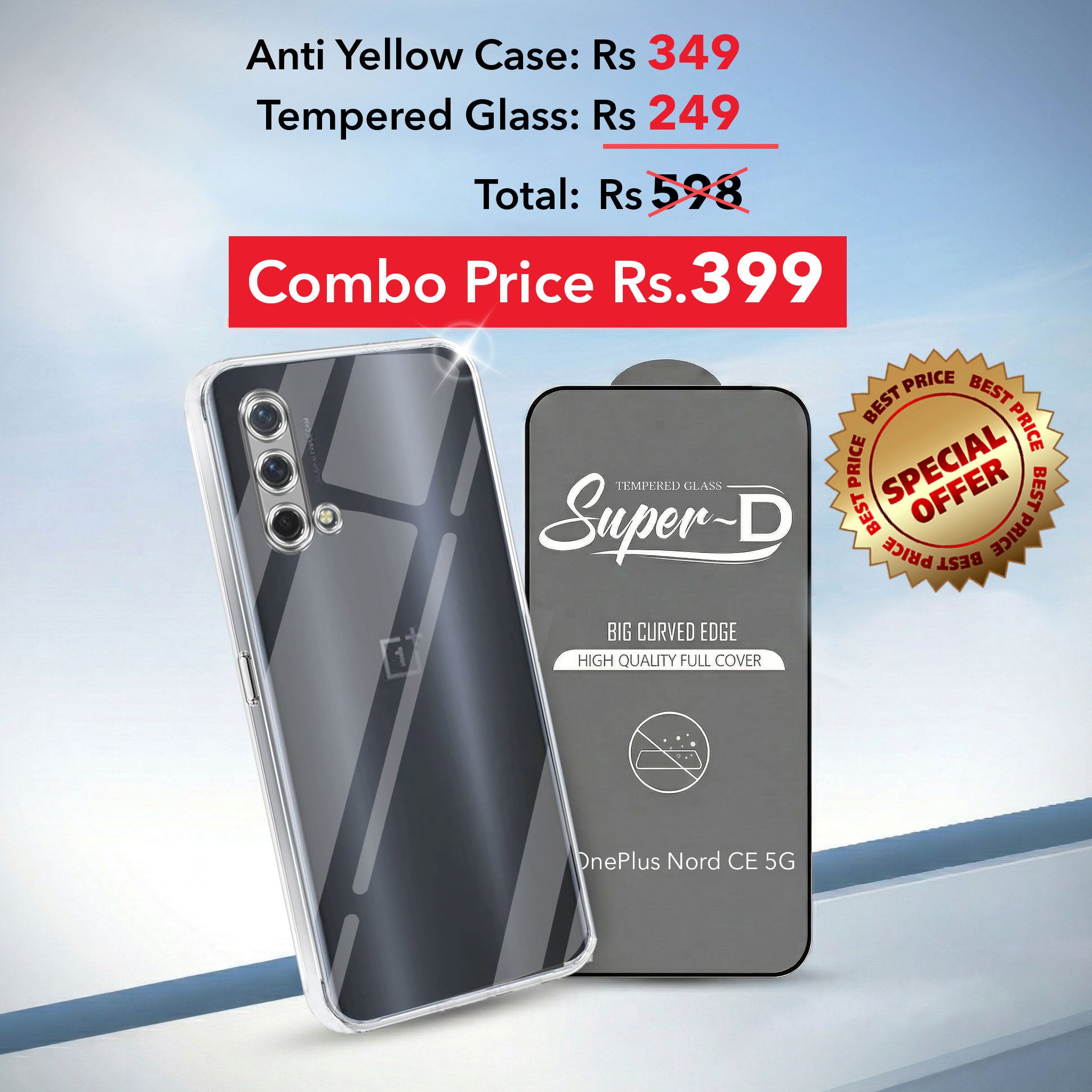 For OnePlus Nord CE 5G Combo with Back Cover and 9H Tempered Glass (Lifetime Anti-Yellow | Sleek Hard Crystal | Oleophobic Coating Screen Glass)