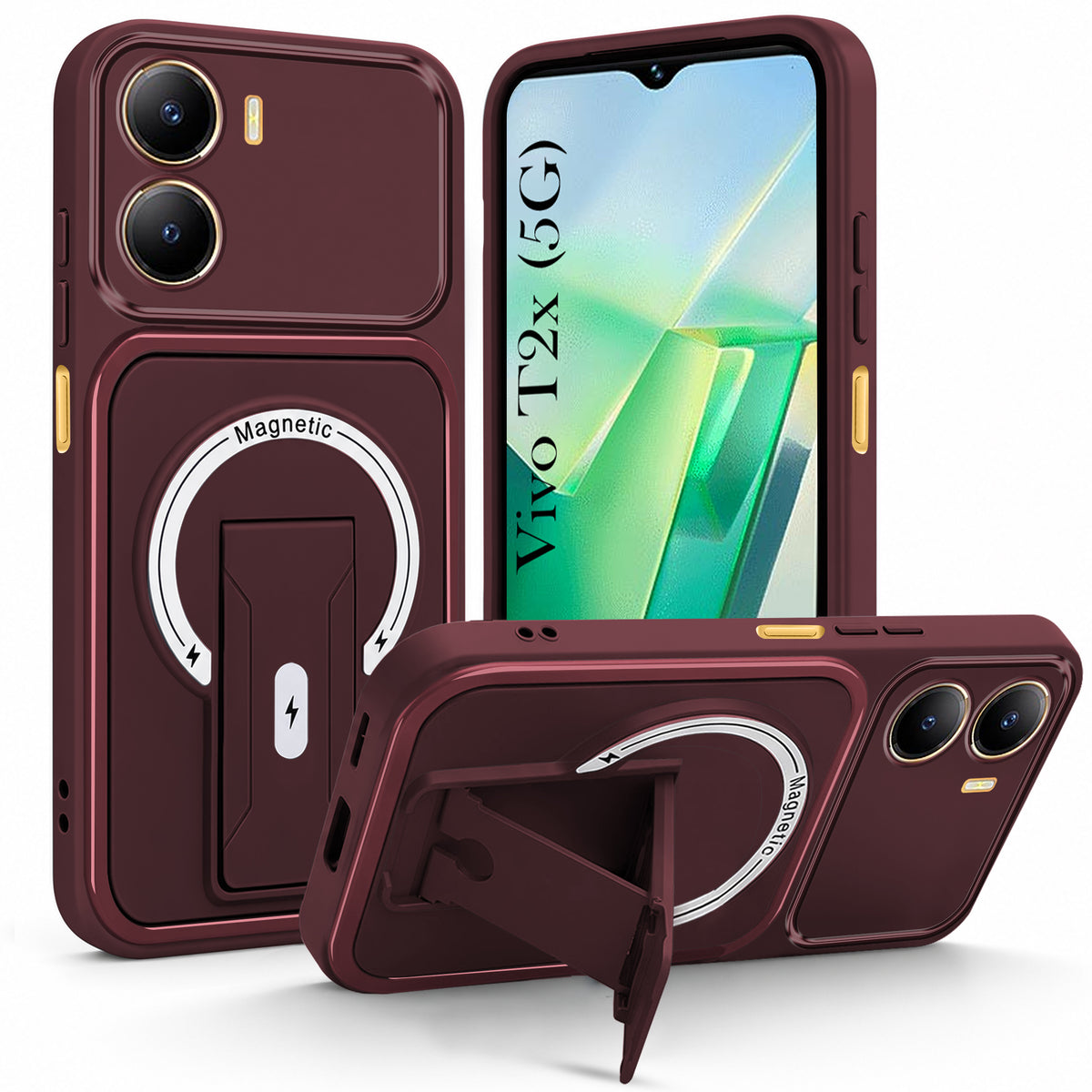 For Vivo T2x Back Case Cover Metallic (Hybrid Armor Kickstand | MagSafe Compatible | Camera Protection Shockproof)
