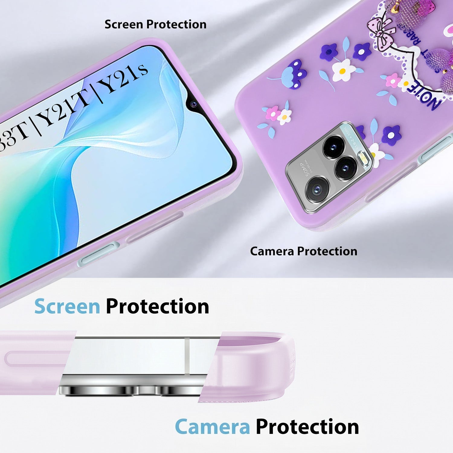 For Vivo Y33T | Vivo Y21T | Vivo Y21s Back Cover Case (3D Cute Heart Strap Holder | Camera Protection | Designer Girls Print)