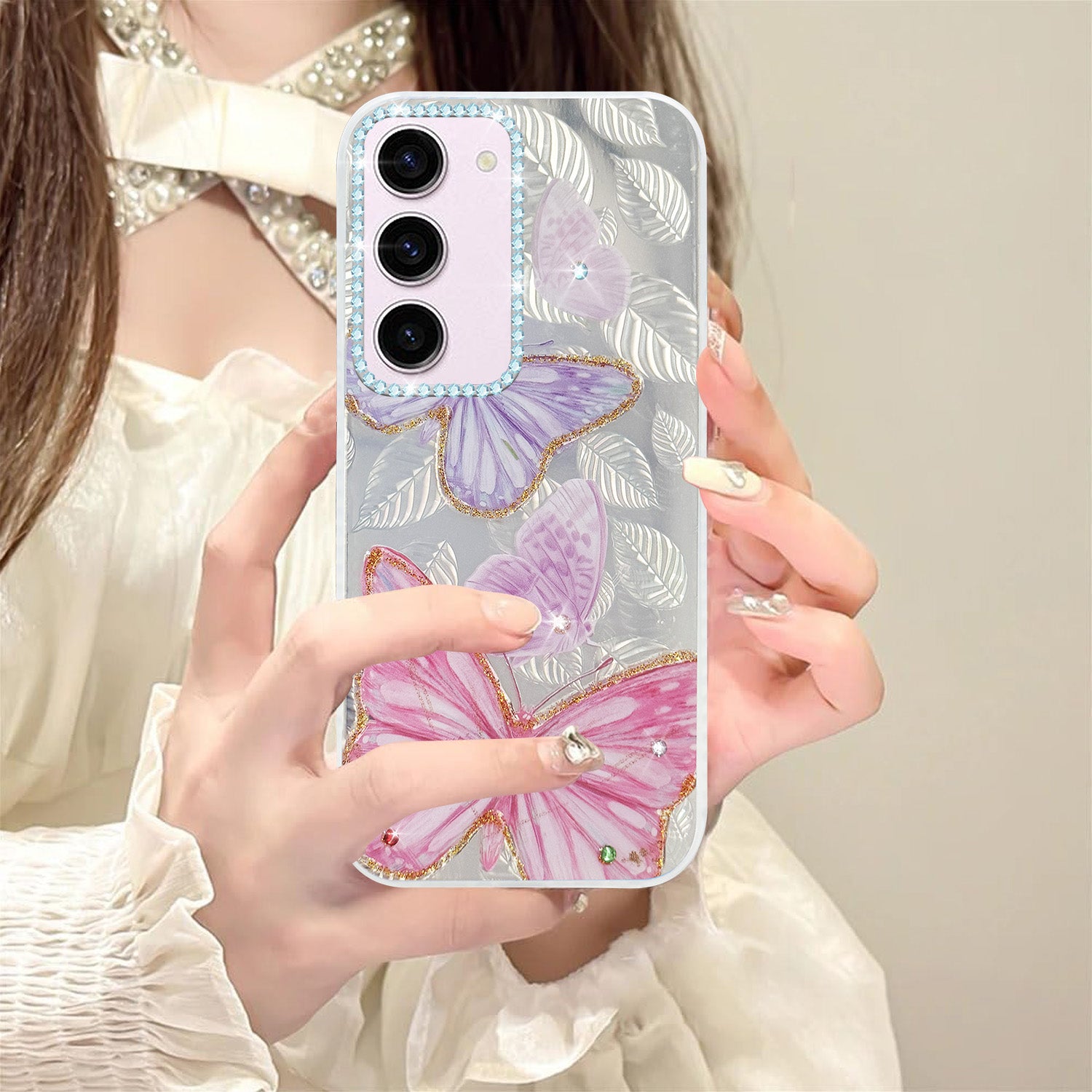For Samsung Galaxy S23 5G Back Cover Case (Luxury Floral Glitter Cute Butterfly | Diamond Studded Camera Bump | Girls & Women Design)