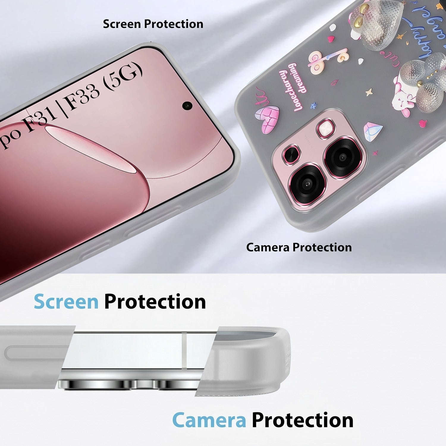 For Oppo F31 5G | Oppo F33 5G Back Cover Case (3D Cute Heart Strap Holder | Camera Protection | Designer Girls Print)