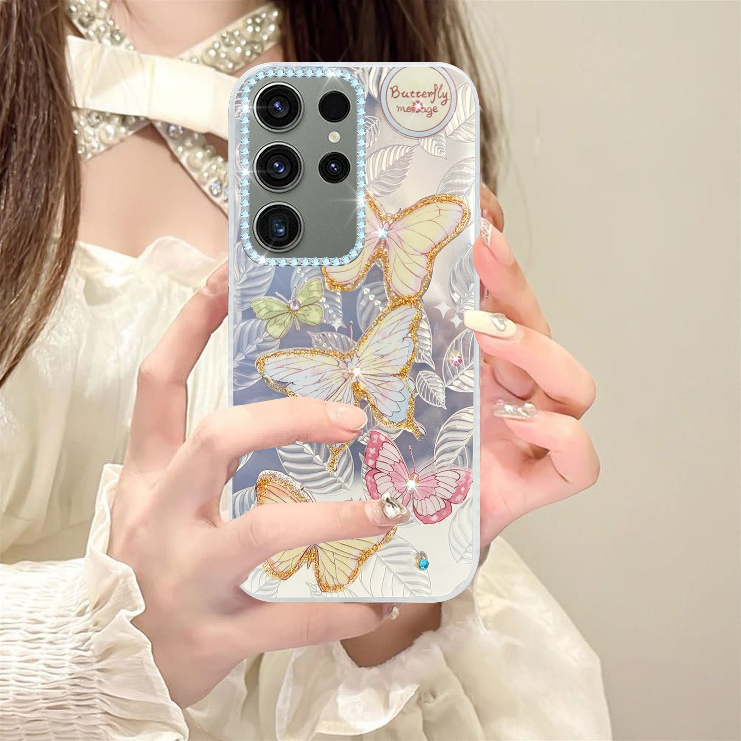 For Samsung Galaxy S23 Ultra Back Cover Case (Luxury Floral Glitter Cute Butterfly | Diamond Studded Camera Bump | Girls & Women Design)