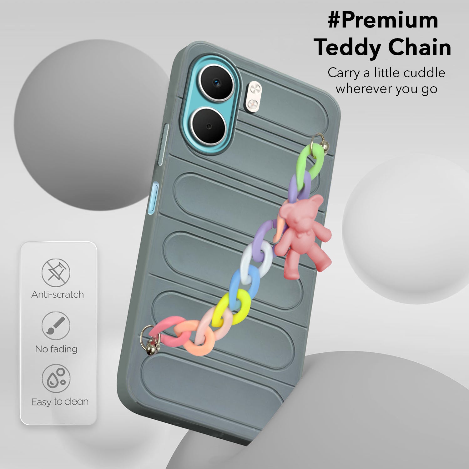 For Oppo A5X Back Cover Case (Wrist Hanging Chain | Teddy Bracelet Charms | Matte Liquid Silicone | Camera Protection Ring)
