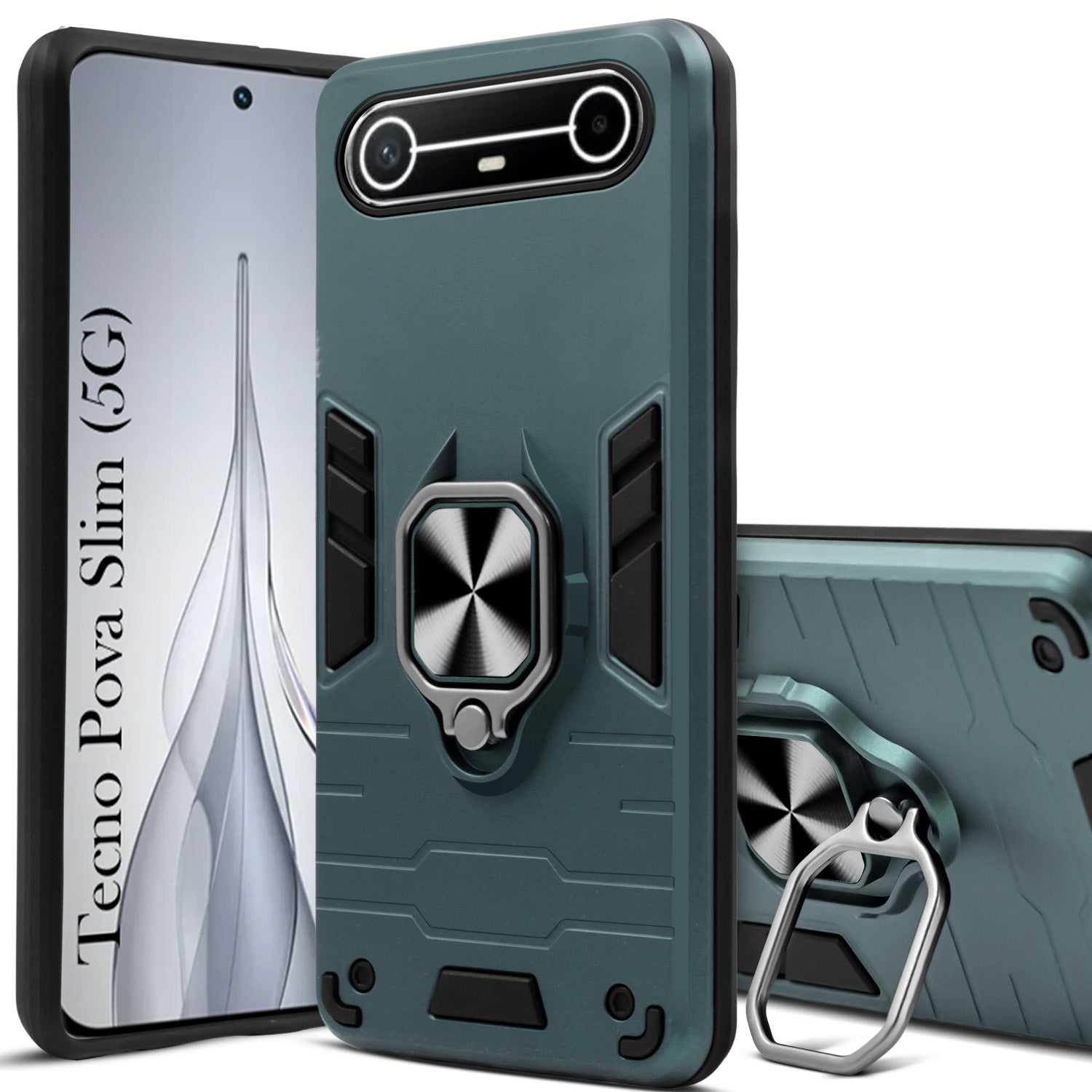 For Tecno Pova Slim Back Cover Case Hybrid Armor (Shockproof Dual Layer Polycarbonate |Ring Holder Kickstand)
