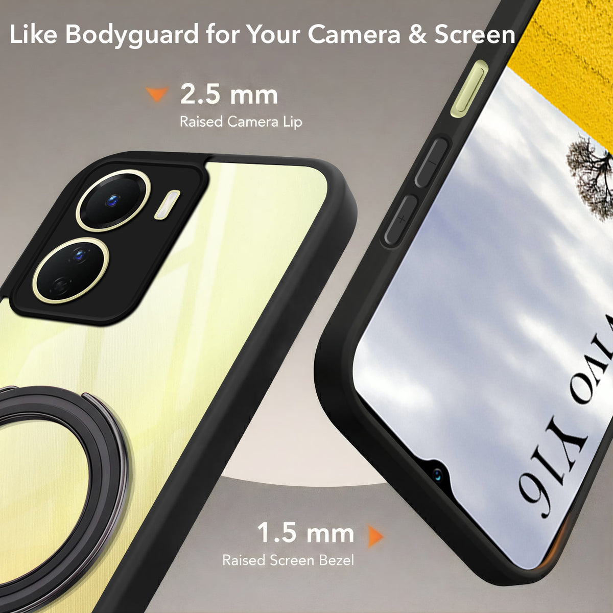 For Vivo Y16 Back Cover Case (Kick Stand Ring Holder | Life time Anti Yellow | Camera Protection)