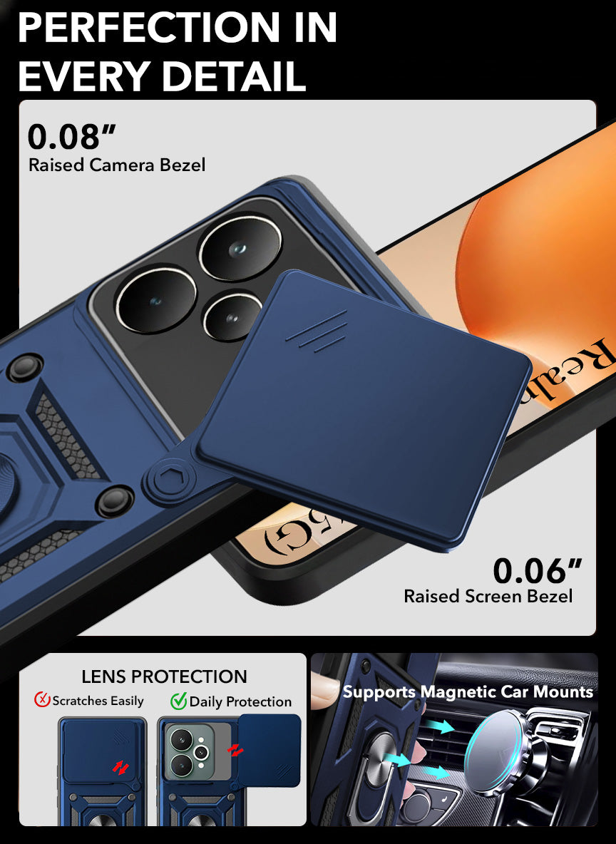 For Realme P4 Pro Hybrid Armor Back Cover Case (Sliding Shutter Camera Protection | Polycarbonate |Ring Holder Kickstand)