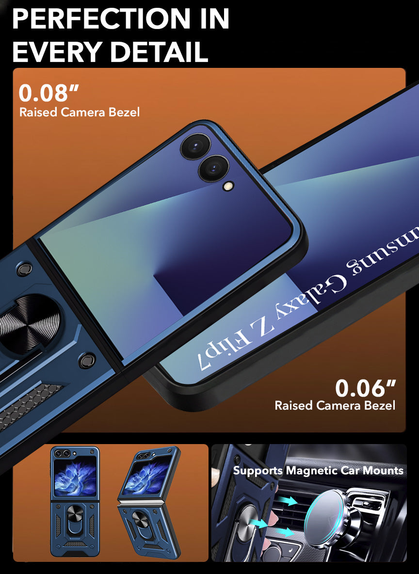 For Samsung Galaxy Z Flip 7 Hybrid Armor (Sliding Shutter Camera Protection | Polycarbonate |Ring Holder Kickstand)