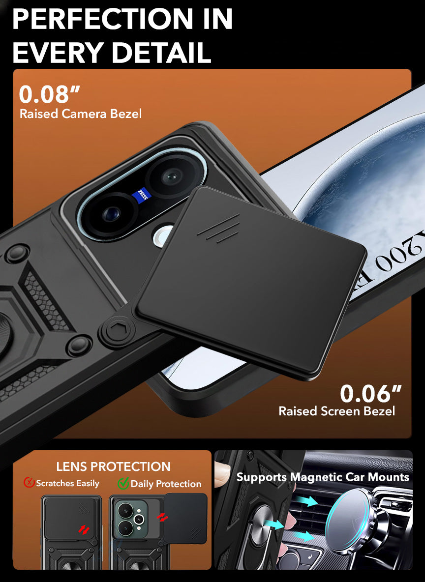 For Vivo X200 FE Back Cover Case (Sliding Shutter Camera Protection | Polycarbonate |Ring Holder Kickstand)