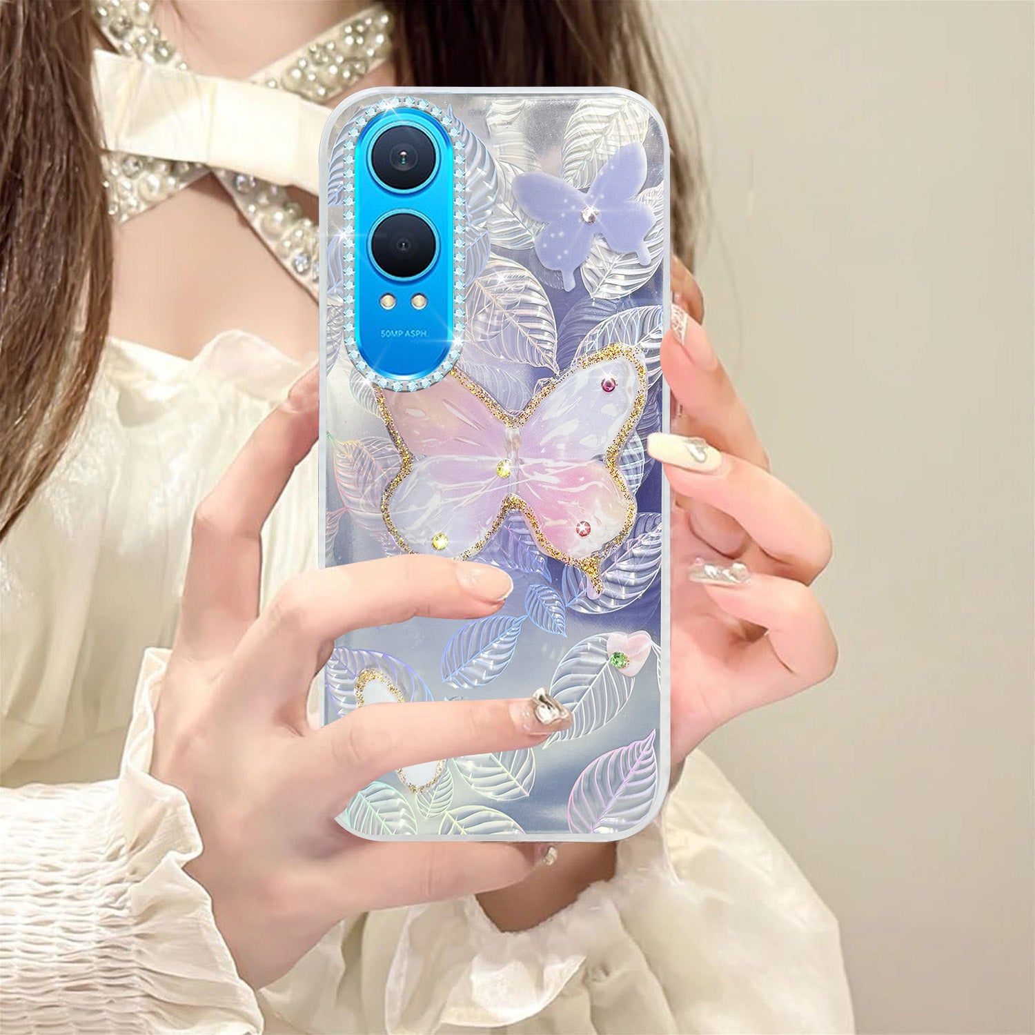 For OnePlus Nord CE 4 Lite Back Cover Case (Luxury Floral Glitter Cute Butterfly | Diamond Studded Camera Bump | Girls & Women Design)