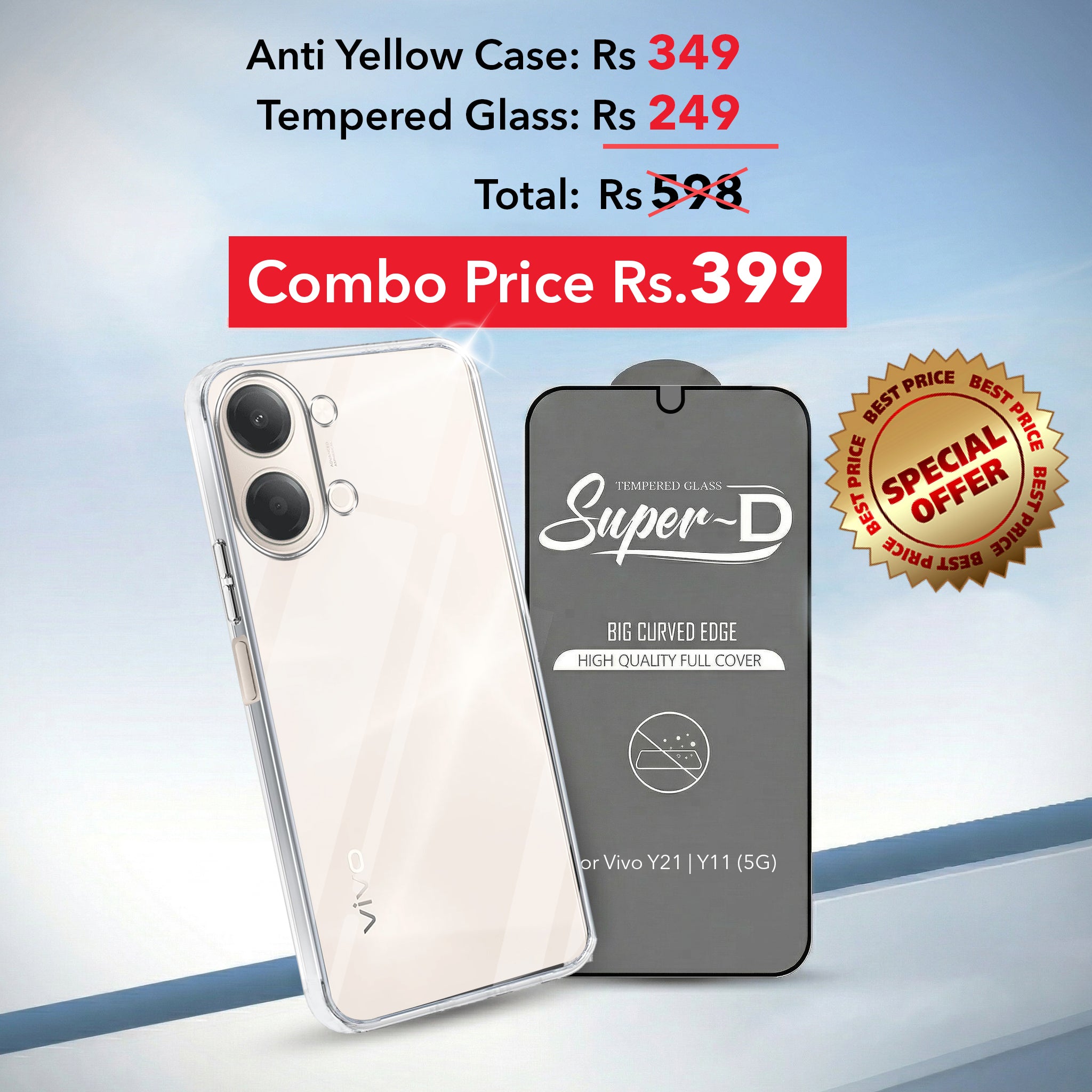 For Vivo Y11 | Vivo Y21 5G Combo with Back Cover and 9H Tempered Glass (Lifetime Anti-Yellow | Sleek Hard Crystal | Oleophobic Coating Screen Glass)