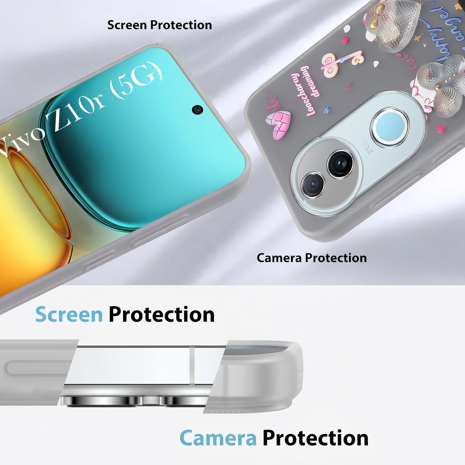 For Vivo iQOO Z10R Back Cover Case (3D Cute Heart Strap Holder | Camera Protection | Designer Girls Print)