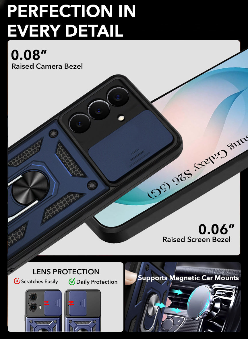 For Samsung Galaxy S26 5G Back Cover Case Hybrid Armor (Sliding Shutter Camera Protection | Polycarbonate |Ring Holder Kickstand)