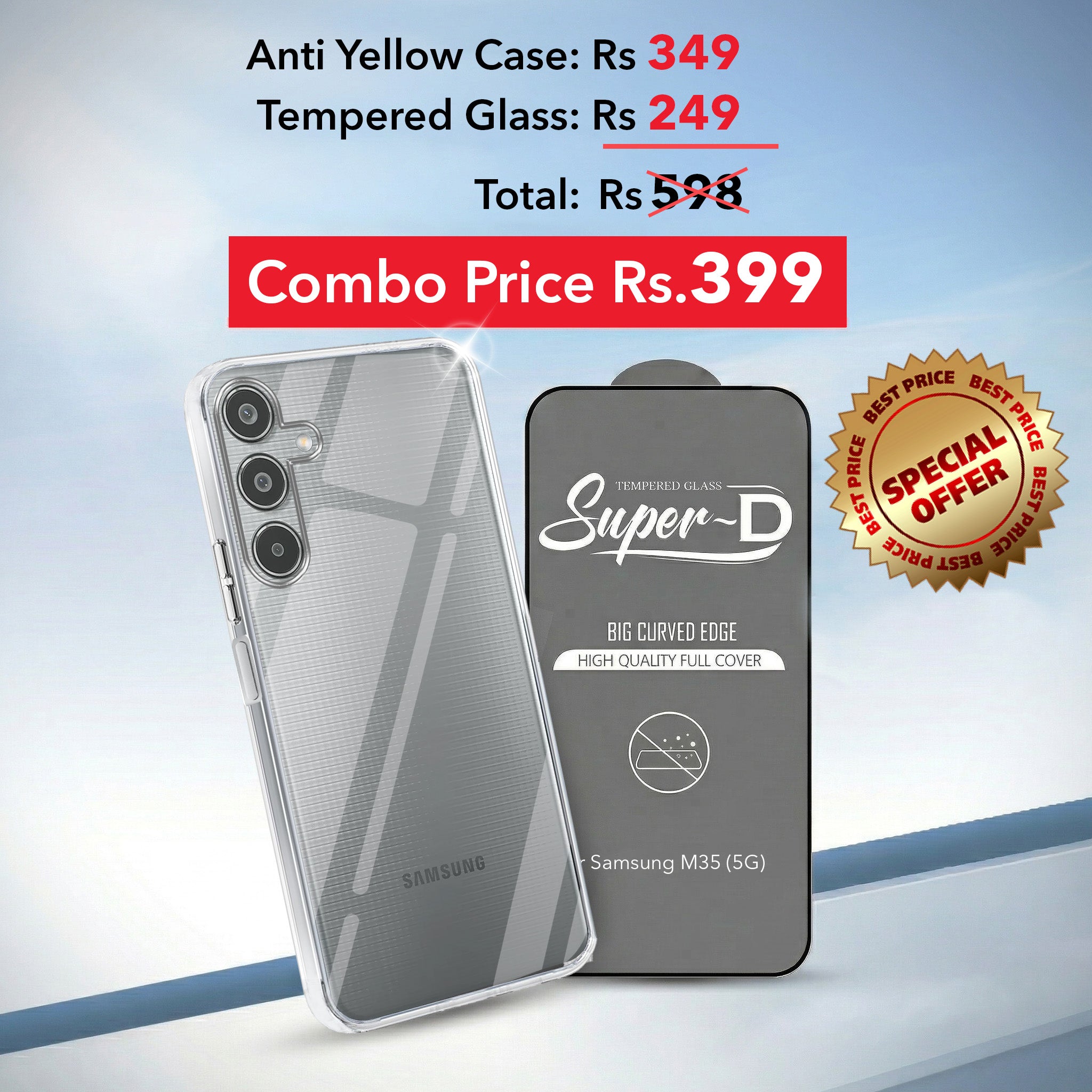 For Samsung Galaxy M35 5G Combo with Back Cover and 9H Tempered Glass (Lifetime Anti-Yellow | Sleek Hard Crystal | Oleophobic Coating Screen Glass)